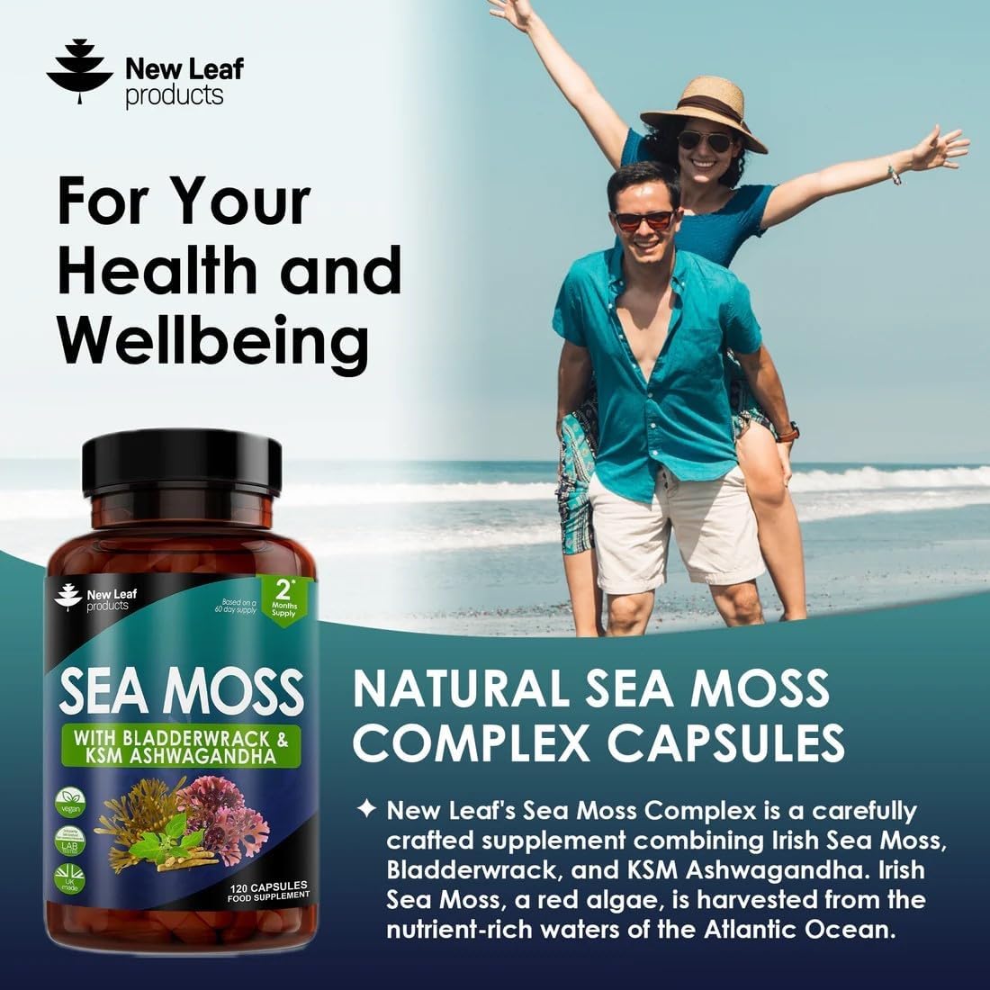 Sea Moss Complex - Pure Irish Sea Moss Capsules with Bladderwrack & KSM Ashwagandha - High Strength Sea Moss Capsule - 120 Fill Vegan Irish Sea Moss Capsules Made in The UK by New Leaf