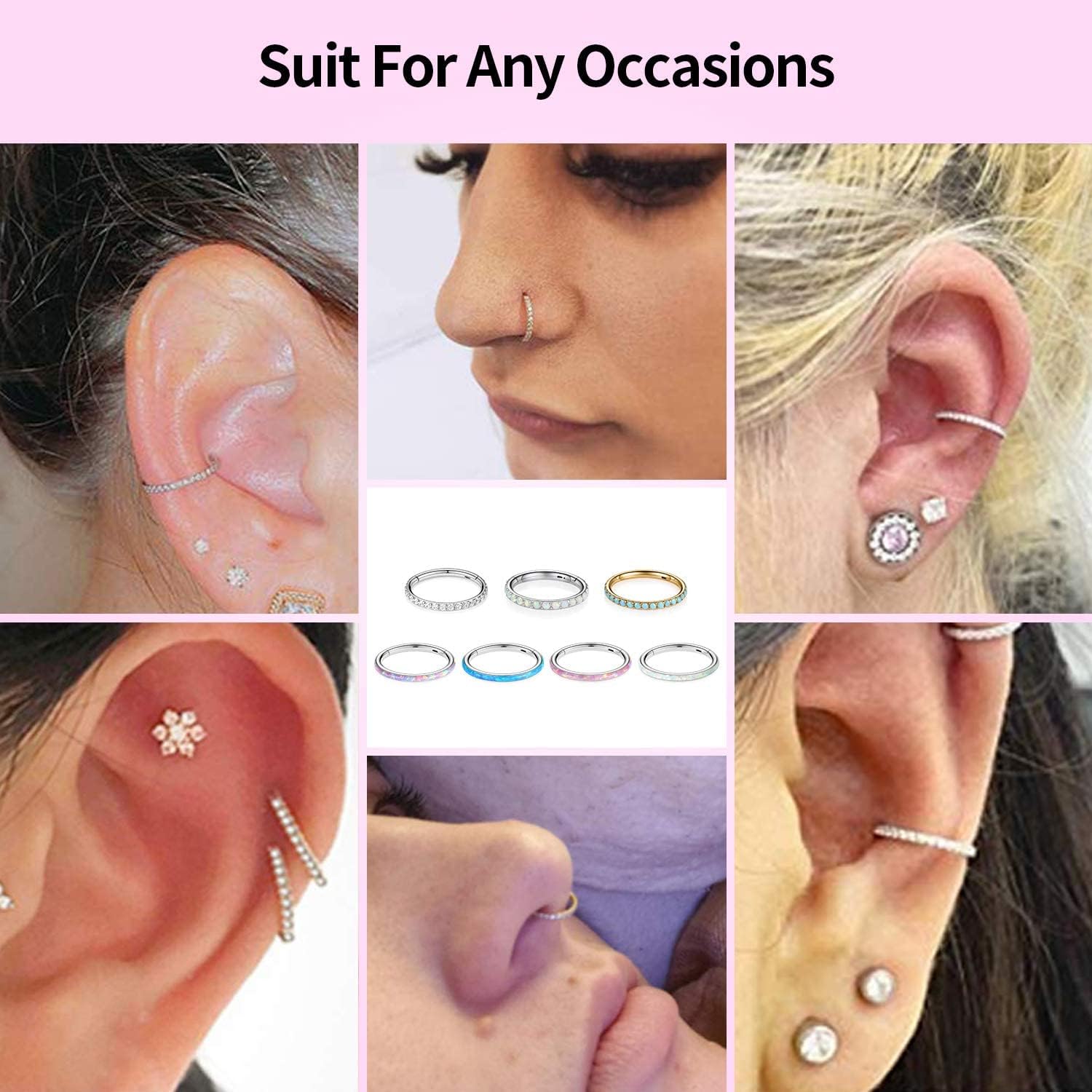 hengkaixuan CZ/Opal Nose Rings Conch Jewellery Septum Clicker 316L Surgical Steel Segment Ring Helix Cartilage Earrings Hoop Daith Tragus Rook Piercing Jewellery