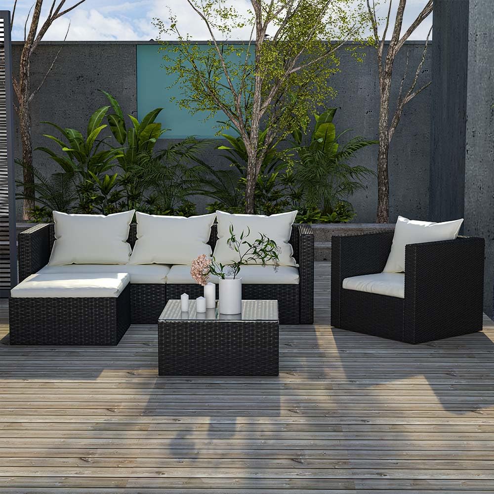 bigzzia Rattan Garden Furniture Set, 4 piece Patio Rattan furniture sofa Weaving Wicker includes 2 Armchairs,1 Double seat Sofa and 1 table (Black)