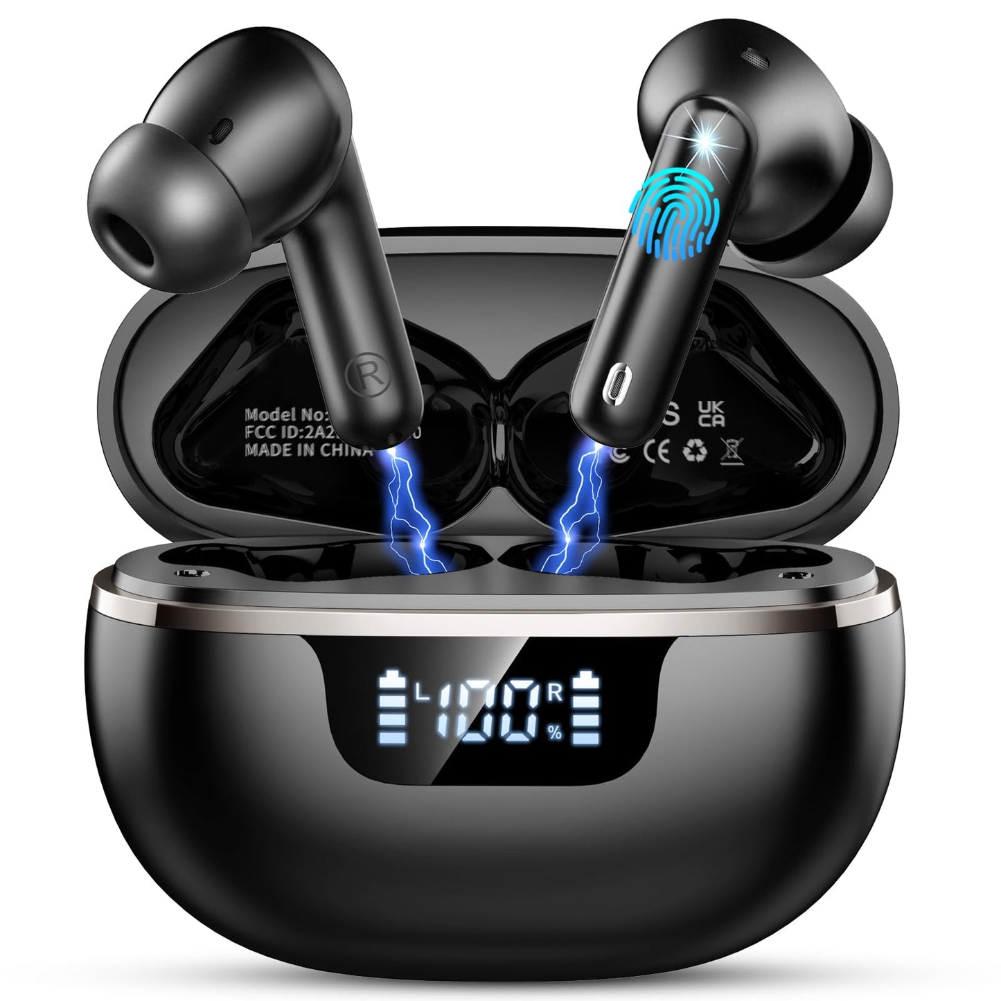 Wireless Earbuds, Bluetooth 5.4 Headphones with 4 ENC Noise Cancelling Microphone, Ear buds with HiFi Stereo Deep Bass, Bluetooth Earphones 45H Playtime LED Display, IP7 Waterproof, Dark Black