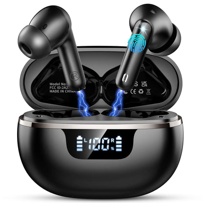 Wireless Earbuds, Bluetooth 5.4 Headphones with 4 ENC Noise Cancelling Microphone, Ear buds with HiFi Stereo Deep Bass, Bluetooth Earphones 45H Playtime LED Display, IP7 Waterproof, Dark Black