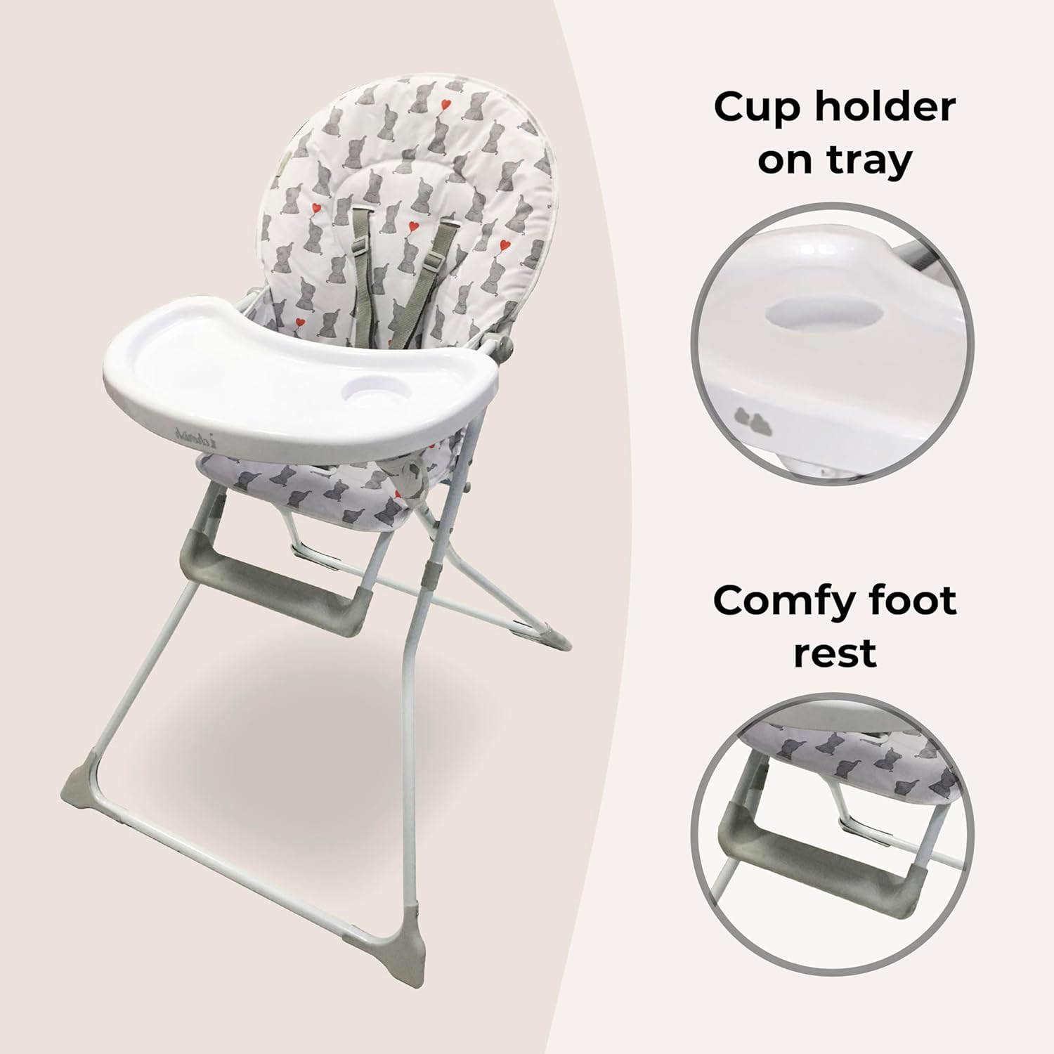 My Babiie MBHC1 Compact Highchair – Ultra Lightweight (5kg), Foldable, Easy Clean, Padded Seat, Footrest, Tray Cup Holder, for Toddler, from 6 Months to 3 Years (15kg) – Elephants