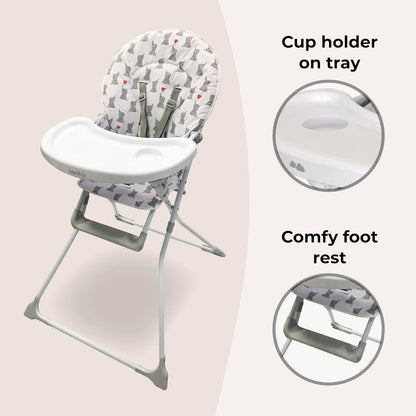 My Babiie MBHC1 Compact Highchair – Ultra Lightweight (5kg), Foldable, Easy Clean, Padded Seat, Footrest, Tray Cup Holder, for Toddler, from 6 Months to 3 Years (15kg) – Elephants