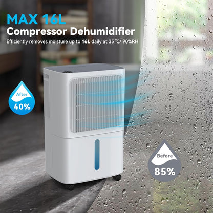 LEENON Dehumidifiers for Home 16L/Day Compressor Dehumidifier for Bedroom with Ultra-Quiet Sleep Mode Drying Clothes, Auto Off, 24H Timer, Continuous Drainage, Humidity Sensor, for Basement Home Damp