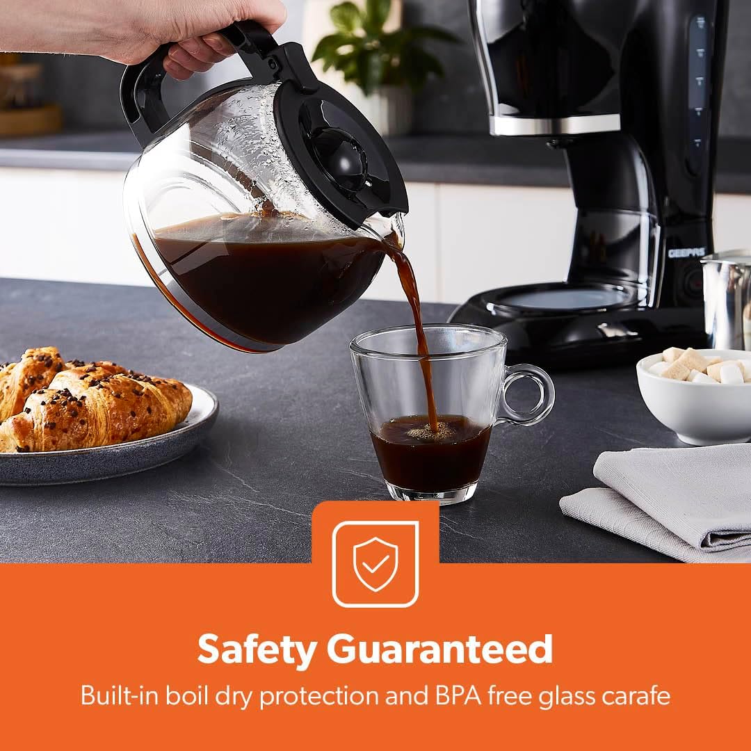 GEEPAS 1.5L Filter Coffee Machine | 800W Coffee Maker for Instant Coffee, Espresso, Macchiato & More | Boil-Dry Protection, Anti-Drip Function, Automatic Turn-Off Feature, Black
