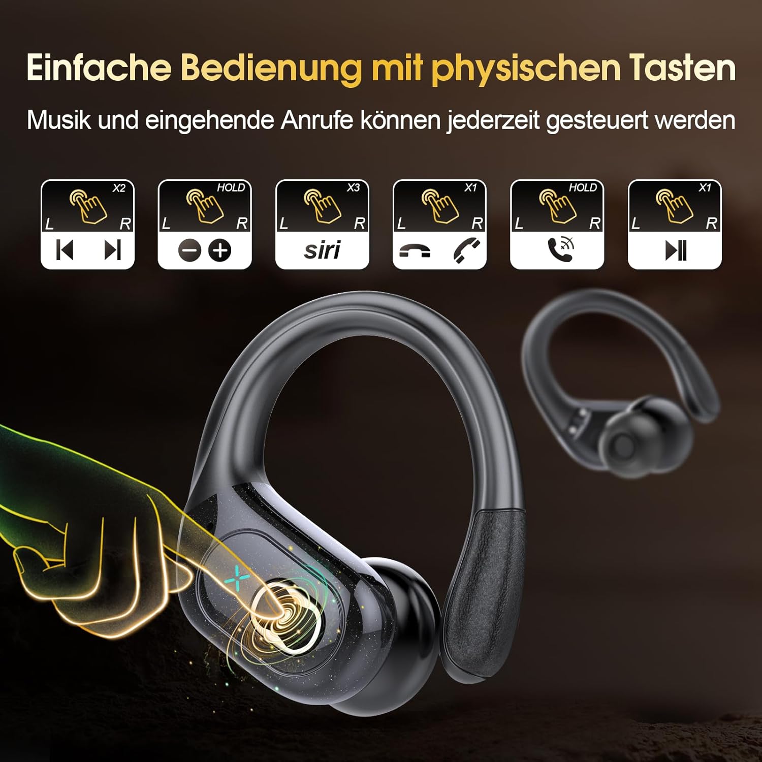 Wireless Earbuds, 75H Bluetooth 5.4 Headphones Sport with 4 ENC Noise Cancelling Mic, HiFi Stereo Wireless Earphones with Earhooks, IP7 Waterproof Ear Buds for Sport/Running/Gym, Black