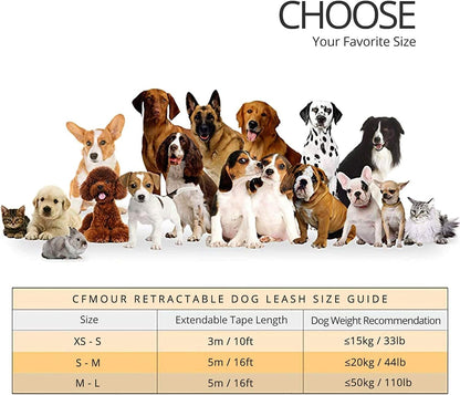 CFMOUR Retractable Dog Lead, 5m/20kg Red Heavy-Duty Extendable Dog Leads for Small to Medium Dogs; Strong Nylon Tape Ribbon Leash, One-Button Brake&Lock, Bonus Training Clicker