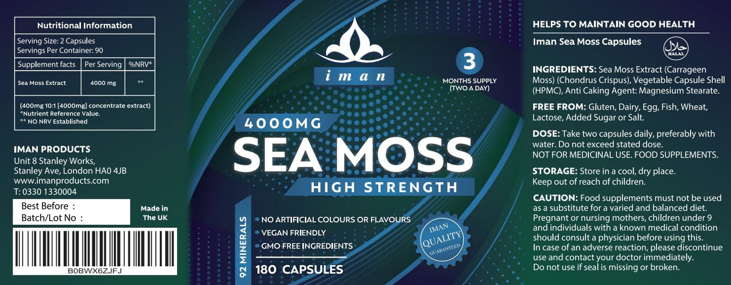 High Strength Sea Moss 4000mg Capsules (180 Count) - Natural Source of Iodine - Wild Harvested - Vegan Friendly (3 Months Supply) - GMO Free, Gluten-Free, Made in The UK