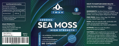 High Strength Sea Moss 4000mg Capsules (180 Count) - Natural Source of Iodine - Wild Harvested - Vegan Friendly (3 Months Supply) - GMO Free, Gluten-Free, Made in The UK