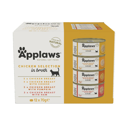 Applaws Natural Wet Cat Food, Multipack Chicken and Fish Selection in Broth 70 g Tin (Pack of 12)