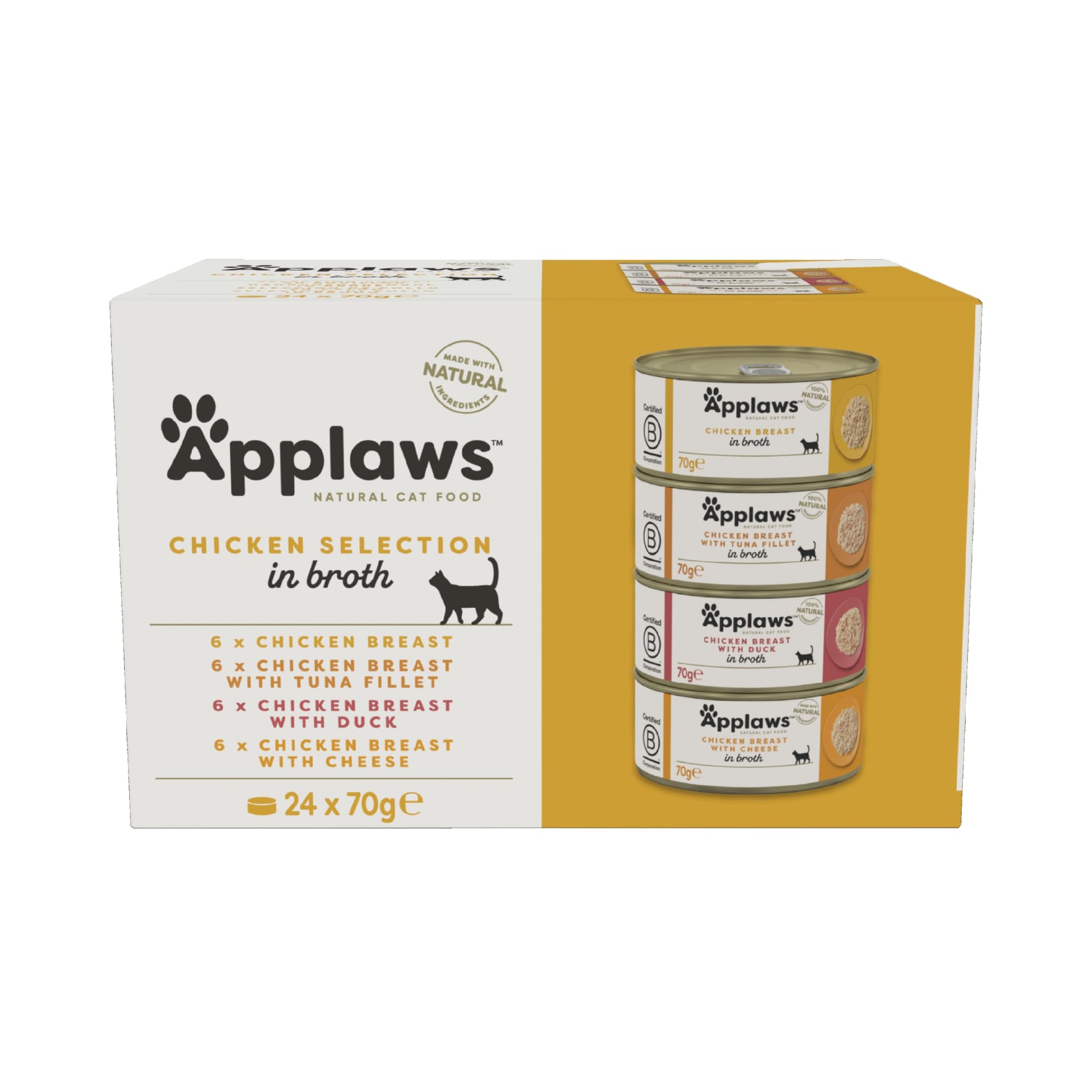 Applaws Natural Wet Cat Food, Multipack Chicken and Fish Selection in Broth 70 g Tin (Pack of 12)