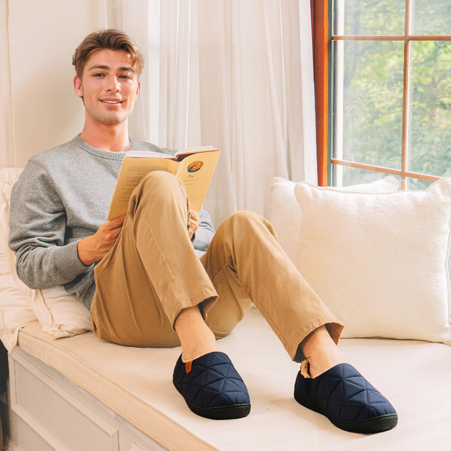 FamilyFairy Men's Warm Quilted Memory Foam Slippers Non-Slip House Shoes with Elastic Gores for Indoor Outdoor