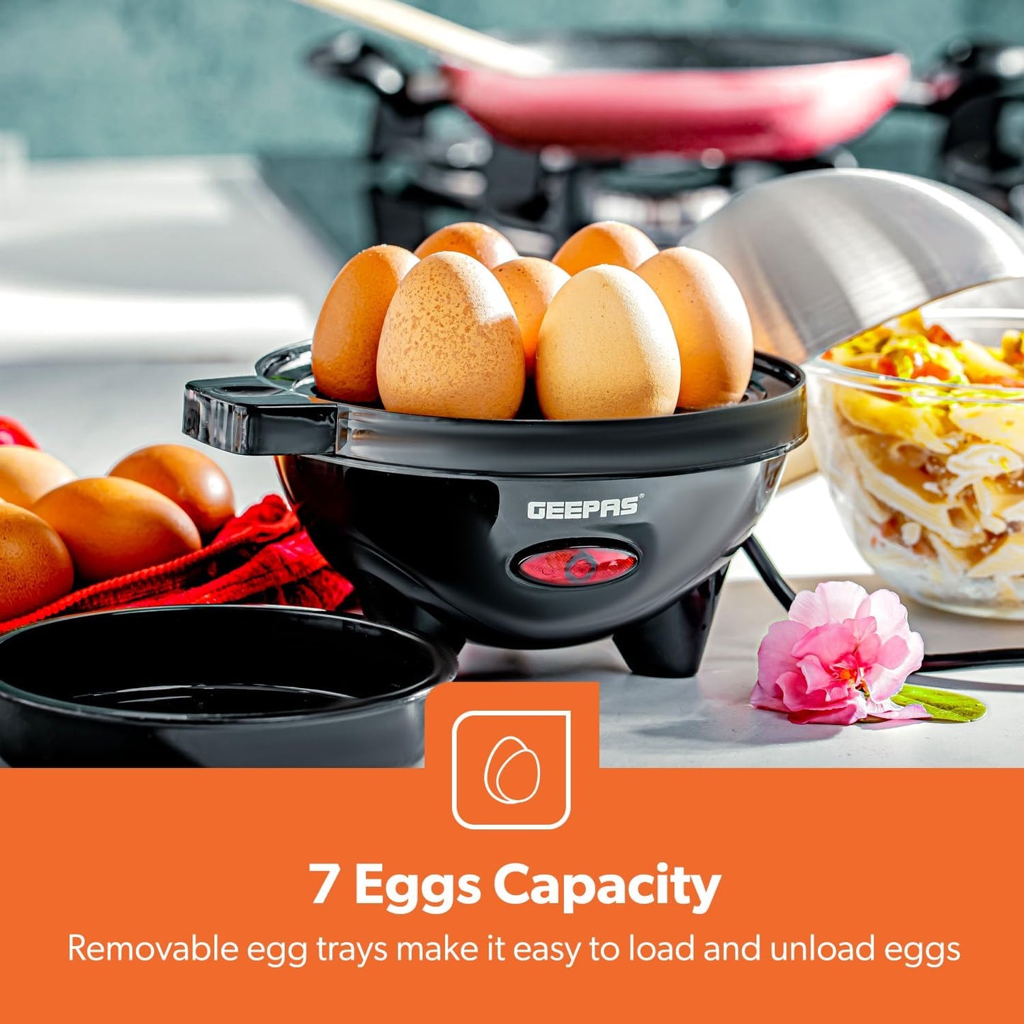 Geepas 3-in-1 Egg Boiler Poacher, 350W | Electric Egg Cooker & Omelette Maker, Vegetable Steamer | Poaching Bowl, Measuring Cup with Egg Piercer | Up to 7 Egg Capacity, Soft Medium & Hard-Boiled Eggs