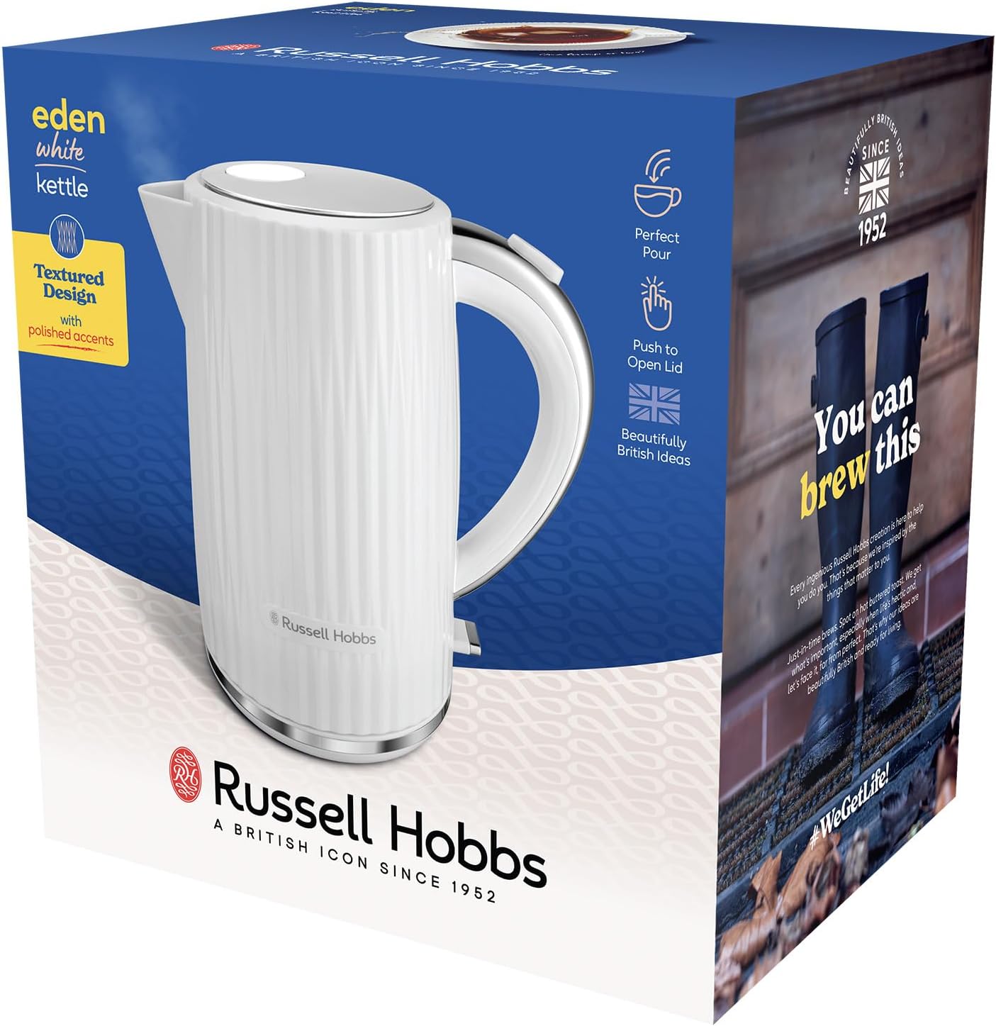 Russell Hobbs Electric Kettle (Hot Water, Tea or Coffee, 1.7L, Push to open lid, Perfect pour spout, Removable washable filter, Illuminated switch, Chrome accents, White, 3000W) Eden 27360