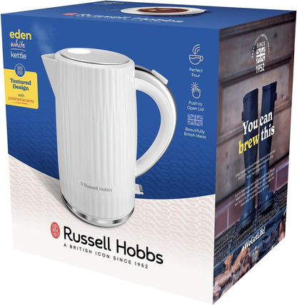 Russell Hobbs Electric Kettle (Hot Water, Tea or Coffee, 1.7L, Push to open lid, Perfect pour spout, Removable washable filter, Illuminated switch, Chrome accents, White, 3000W) Eden 27360