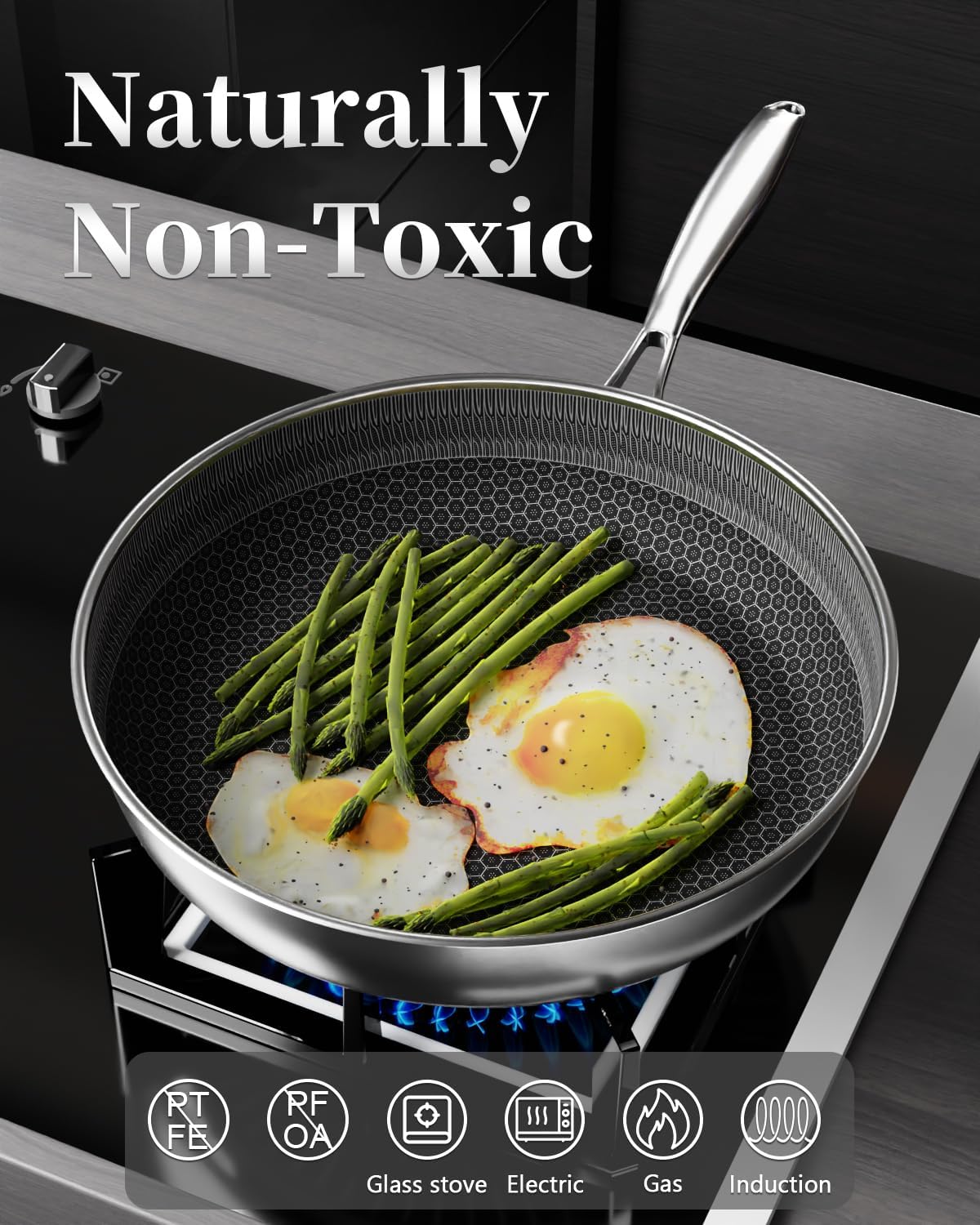Stainless Steel Frying Pan,28CM Non-Stick Coating – Removable Handle, Induction Compatible, Oven & Dishwasher Safe, PTFE/PFOA-Free