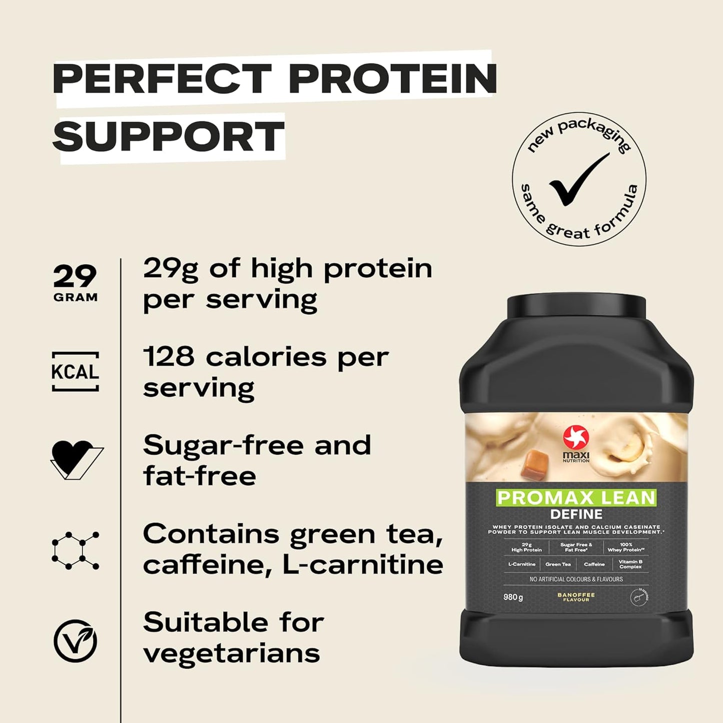 MaxiNutrition - Promax Lean, Banoffee - Whey Protein Powder for Weight Loss and Lean Muscle Development – Sugar Free and Fat Free, Vegetarian-Friendly, 29g Protein, 128 kcal per Serving, 980g