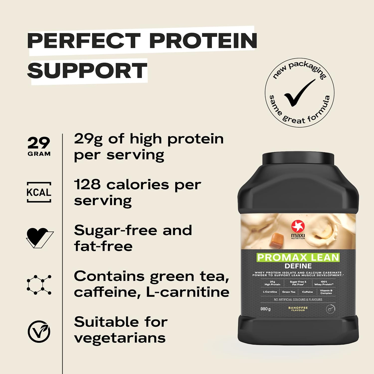 MaxiNutrition - Promax Lean, Banoffee - Whey Protein Powder for Weight Loss and Lean Muscle Development – Sugar Free and Fat Free, Vegetarian-Friendly, 29g Protein, 128 kcal per Serving, 980g