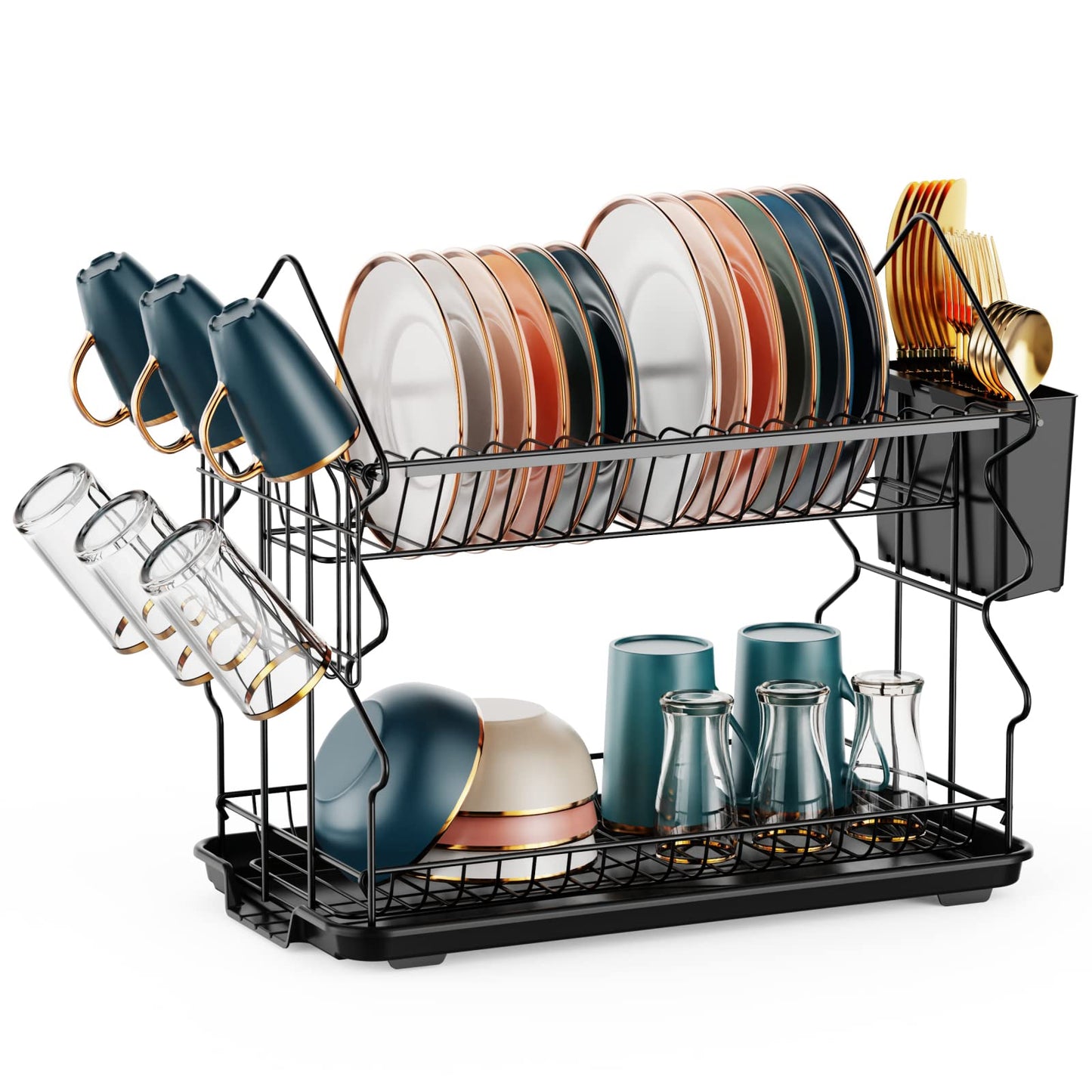 iSPECLE 2 Tier Dish Drainer Rack - Small Dish Drying Rack with Drip Tray, Space-Saving Draining Board Rack with Utensil Cutting & Board Holder for Kitchen Worktop, Black
