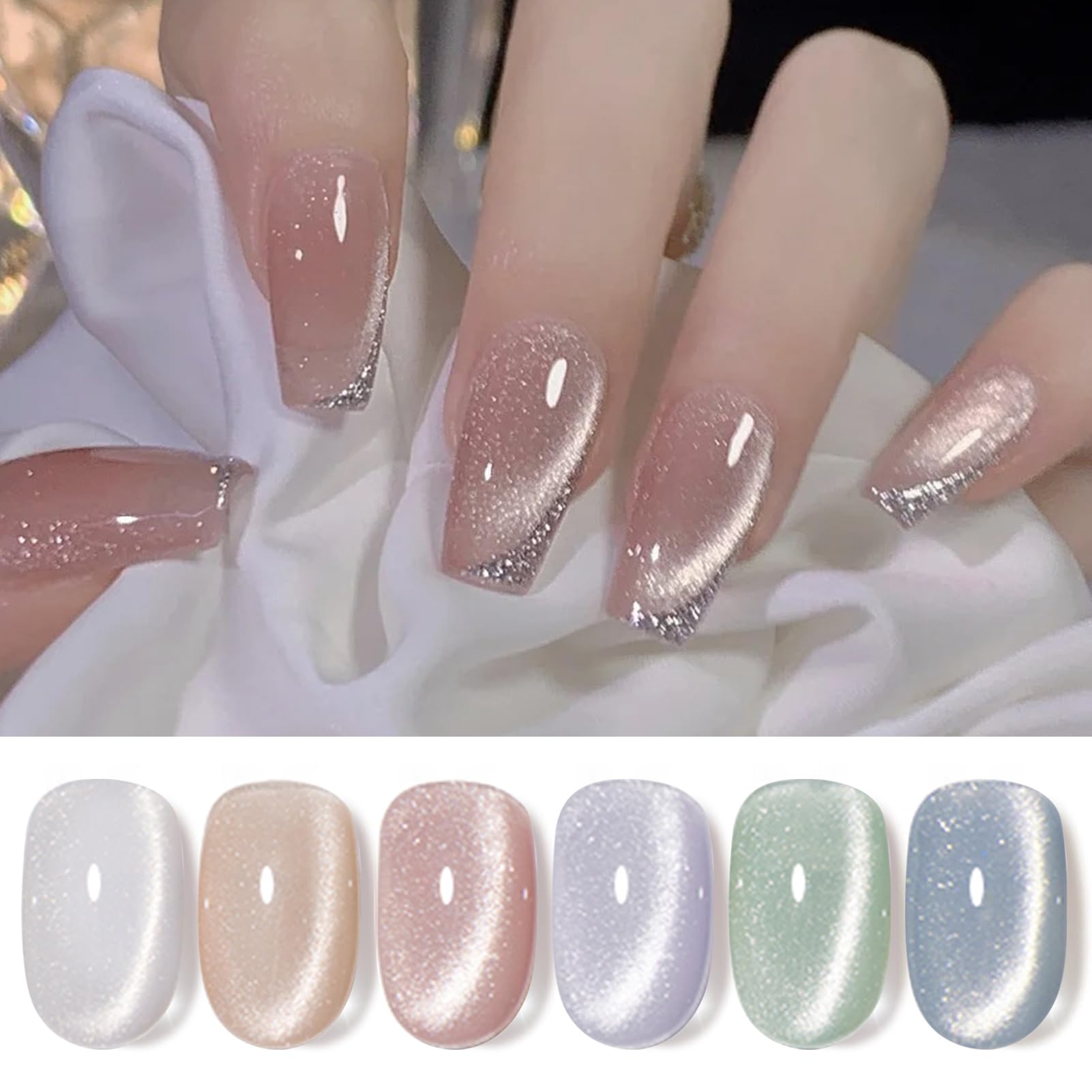 BORN PRETTY 6 Colors Jelly Nude Pink Cat Magnetic Eye Gel Polish Set with Magnet, Soak-Off U V/LED Iridescent Cat Gel for Nail Art Salon DIY Home