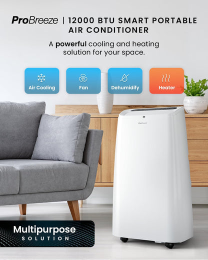 Pro Breeze 4-in-1 Powerful Portable Air Conditioner 12,000 BTU - Smart Home WiFi Compatible - App & Voice Control - Heater & Dehumidifier mode, 24hr Timer & Window Venting Kit - Class A Energy Rating