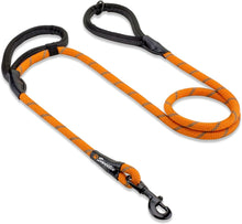 Rope Dog Lead - Innovative Design with Two Padded Handles - Reflective Stitching & O-Ring - 5 FT Long Leash for Medium & Large Sized Pets - Weather Resistant & Strong Material. Orange