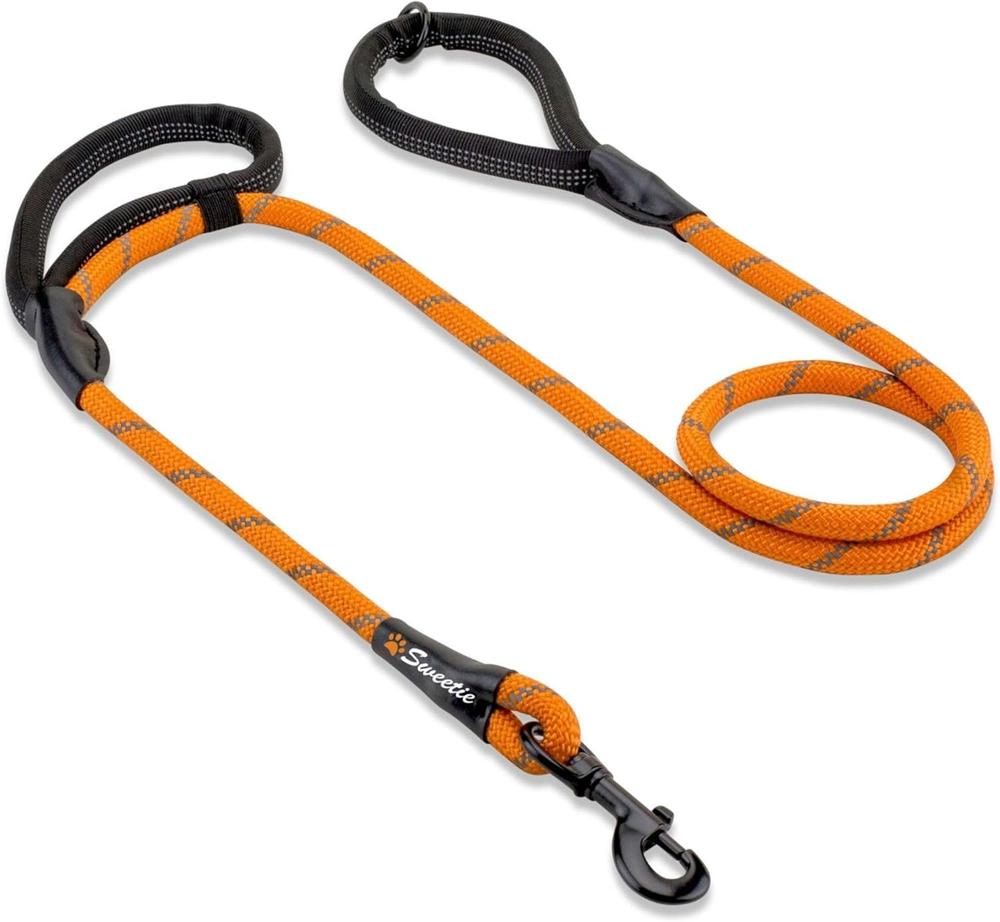 Rope Dog Lead - Innovative Design with Two Padded Handles - Reflective Stitching & O-Ring - 5 FT Long Leash for Medium & Large Sized Pets - Weather Resistant & Strong Material. Orange