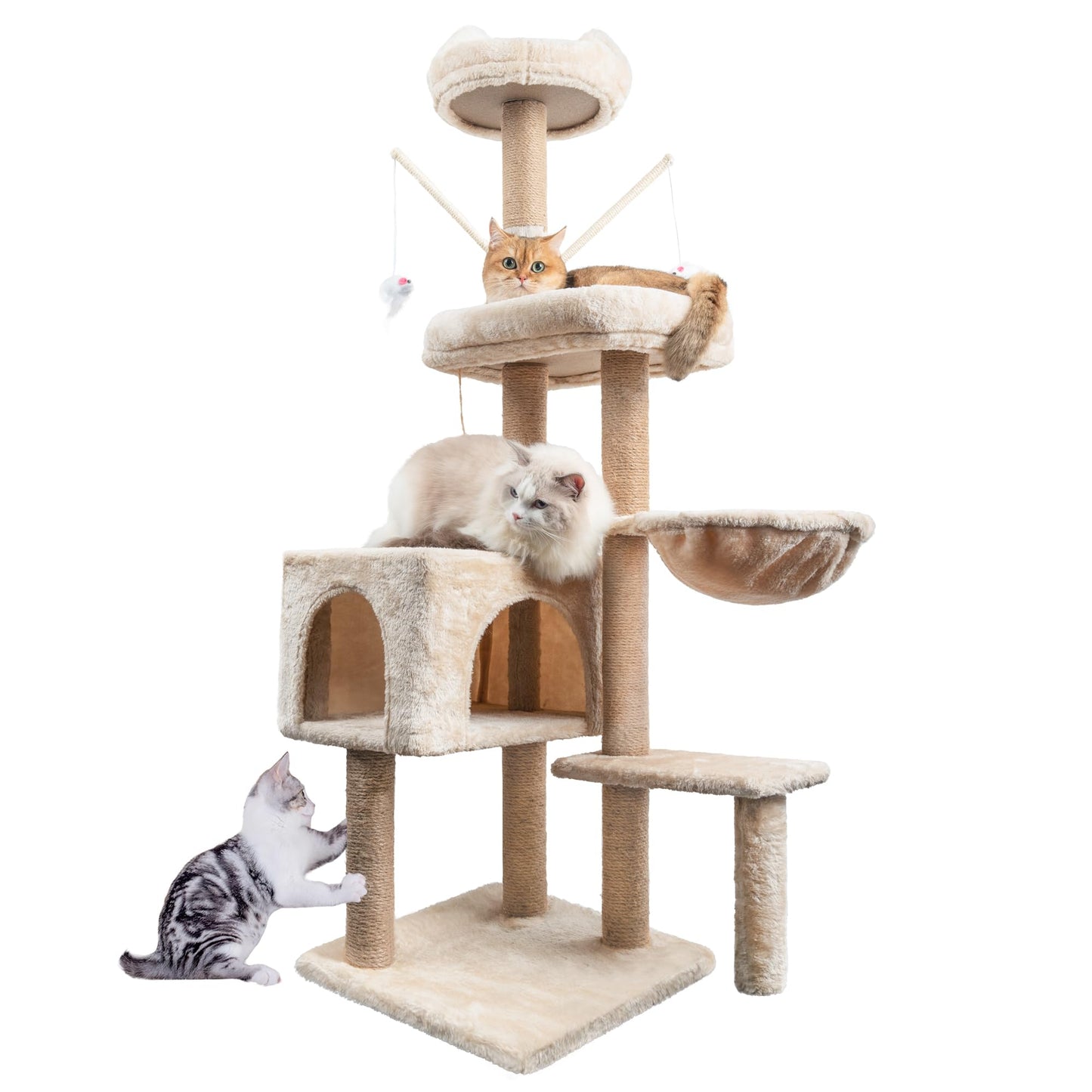 Cat Tree, 145cm Stable Cat Scratching Post for Indoor Cats, Multi-Level Cat Climbing Tower With Posts Fully Wrapped in Natural Sisal Rope, Suitable for Kitty Kitten