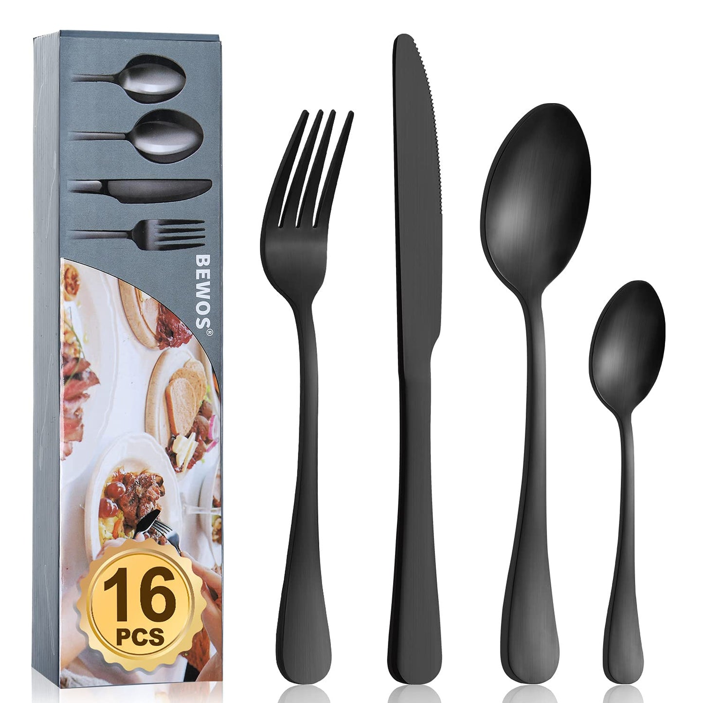 Cutlery Set, BEWOS 16-Piece Stainless Steel Flatware Set, Tableware Silverware Set with Rainbow Spoon Knife and Fork Set, Service for 4, Dishwasher Safe/Easy Clean, Mirror Polished