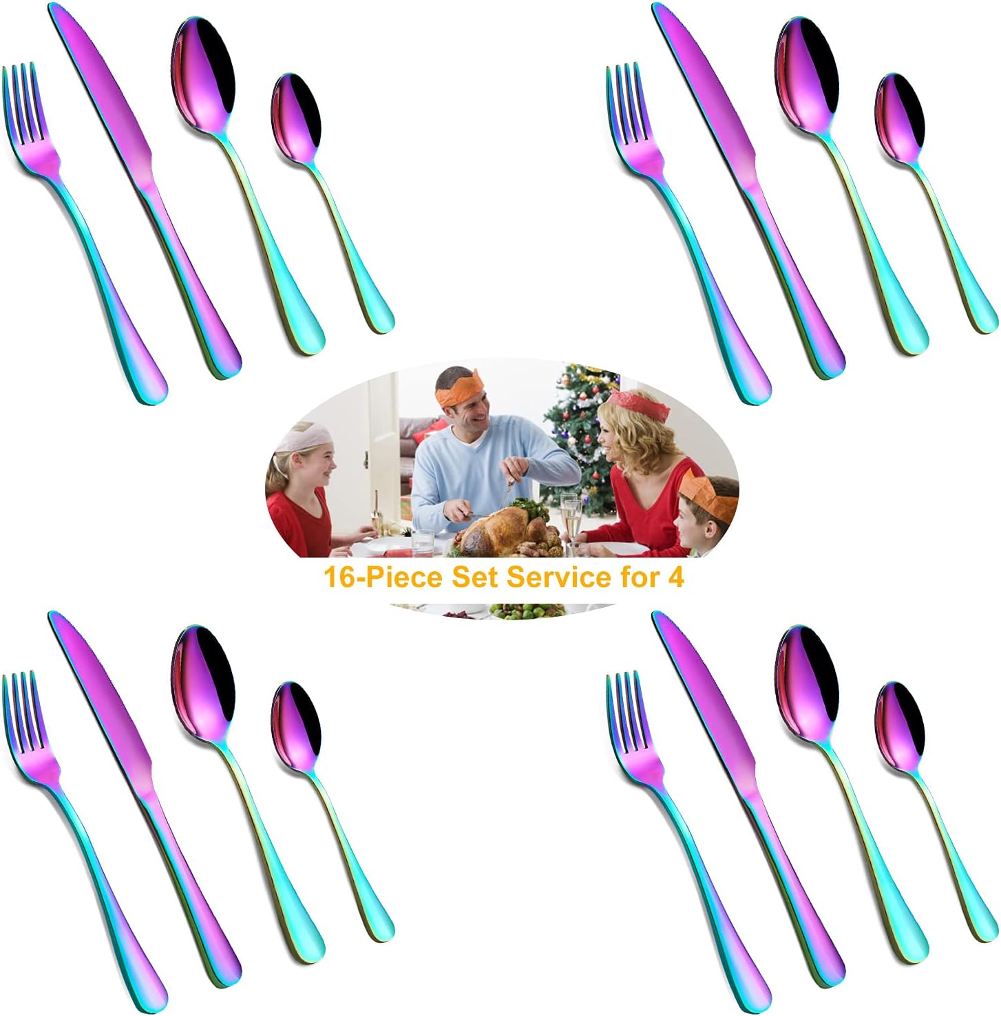 Cutlery Set, BEWOS 16-Piece Stainless Steel Flatware Set, Tableware Silverware Set with Rainbow Spoon Knife and Fork Set, Service for 4, Dishwasher Safe/Easy Clean, Mirror Polished