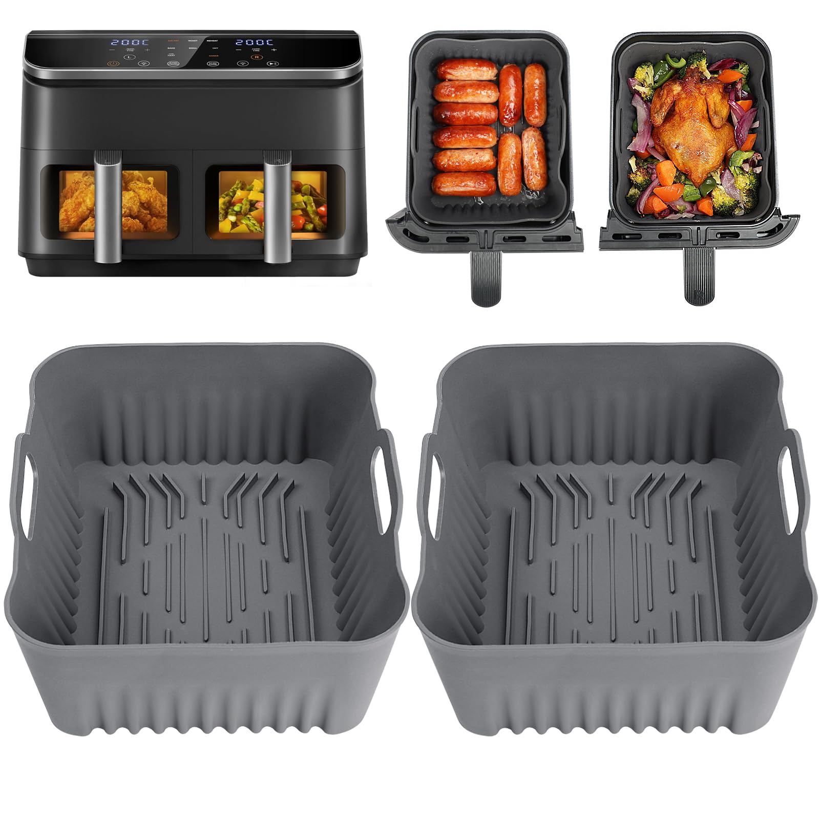 BYKITCHEN 2PCS Air Fryer Silicone Liner for Tower T17088 9L/Ninja Dual, Folding Large Air Fryer Basket Pot, Air Fryer Accessories for Ninja AF400UK/AF451UK 9.5L/Salter/Instant Vortex Plus Air Fryer