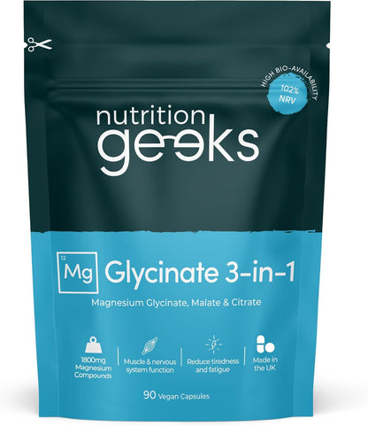 Magnesium Glycinate 3-in-1 Complex - 1800mg Supplements as Bisglycinate, Citrate & Malate 90 Vegan Capsules, Triple High Absorption 384mg Elemental, UK Made (Packaging Design May Vary)