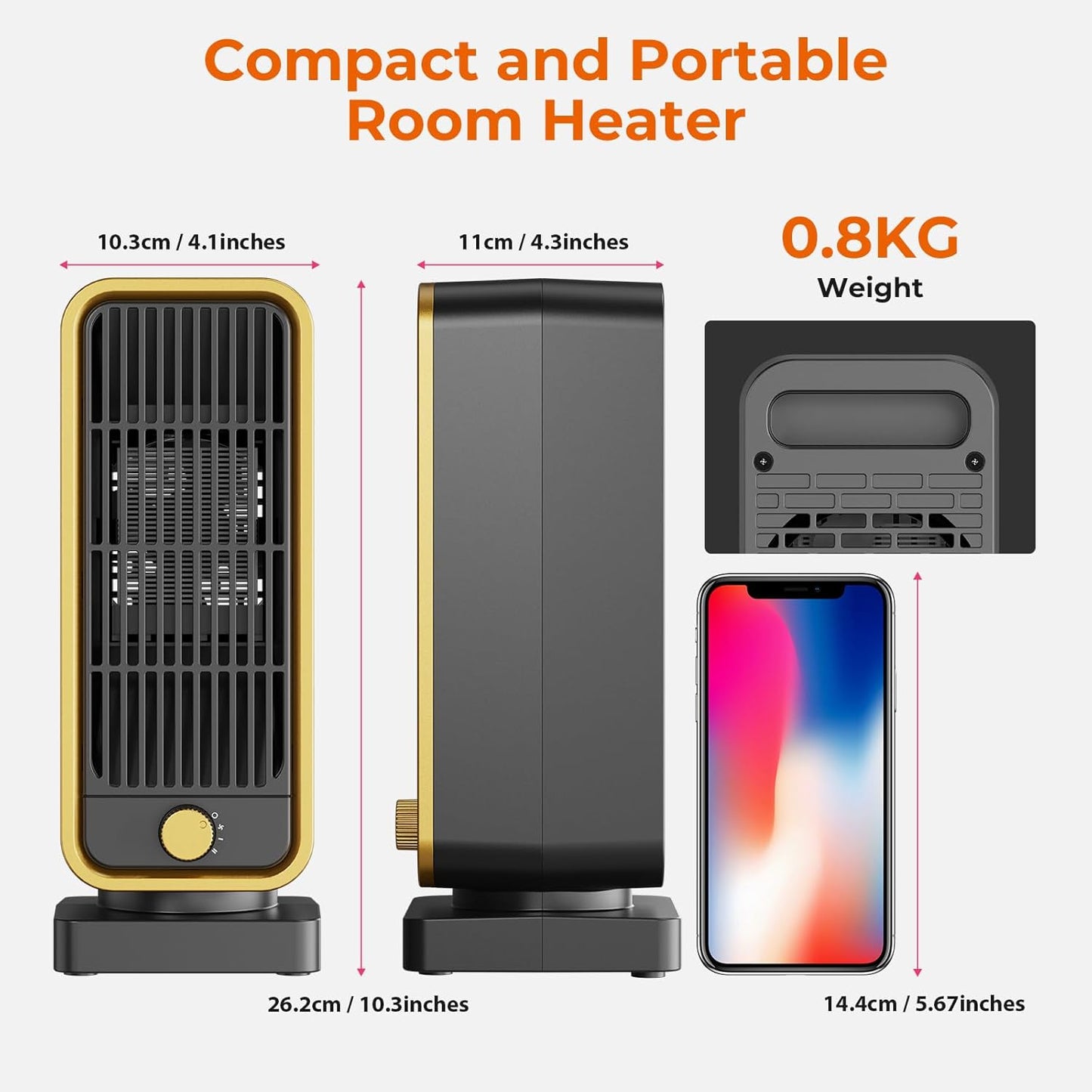 Electric Heater - 900W Portable Fan Heater, PTC Ceramic Heaters with 3 Modes, Low Noise Small Space heater with Overheat and Tip-over Protection, for Home Bedroom Office, Winter Gift