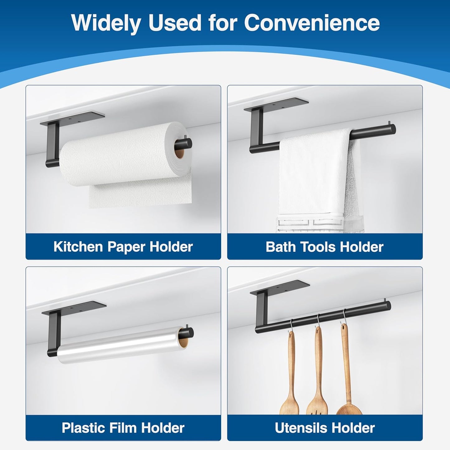 Kitchen Roll Holder Under Cabinet, Stainless Steel Paper Towel Holder Matte Black, Self-Adhensive, Suitable for Pantry, Kitchen, Bathroom