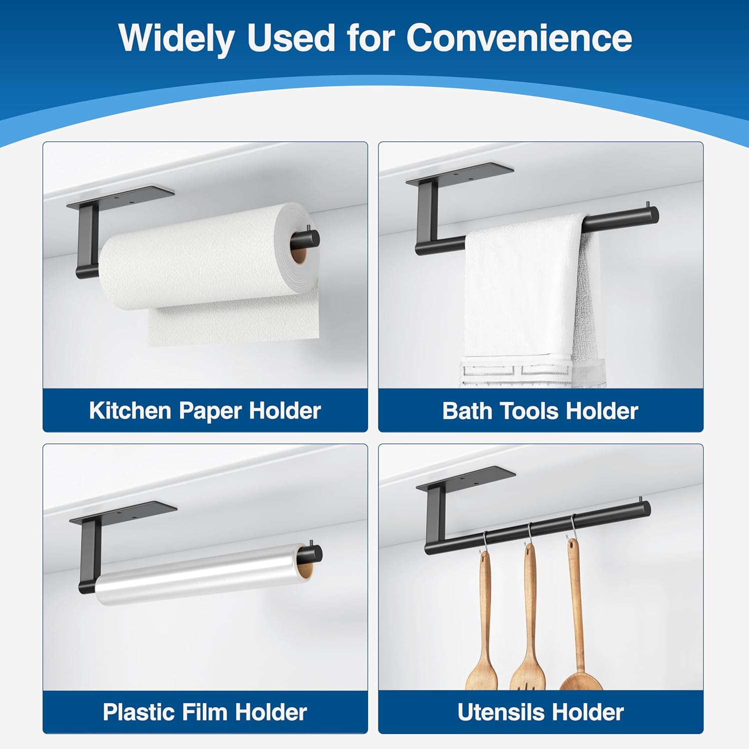 Kitchen Roll Holder Under Cabinet, Stainless Steel Paper Towel Holder Matte Black, Self-Adhensive, Suitable for Pantry, Kitchen, Bathroom