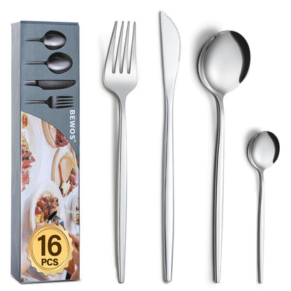Cutlery Set, BEWOS 16-Piece Stainless Steel Flatware Set, Tableware Silverware Set with Rainbow Spoon Knife and Fork Set, Service for 4, Dishwasher Safe/Easy Clean, Mirror Polished