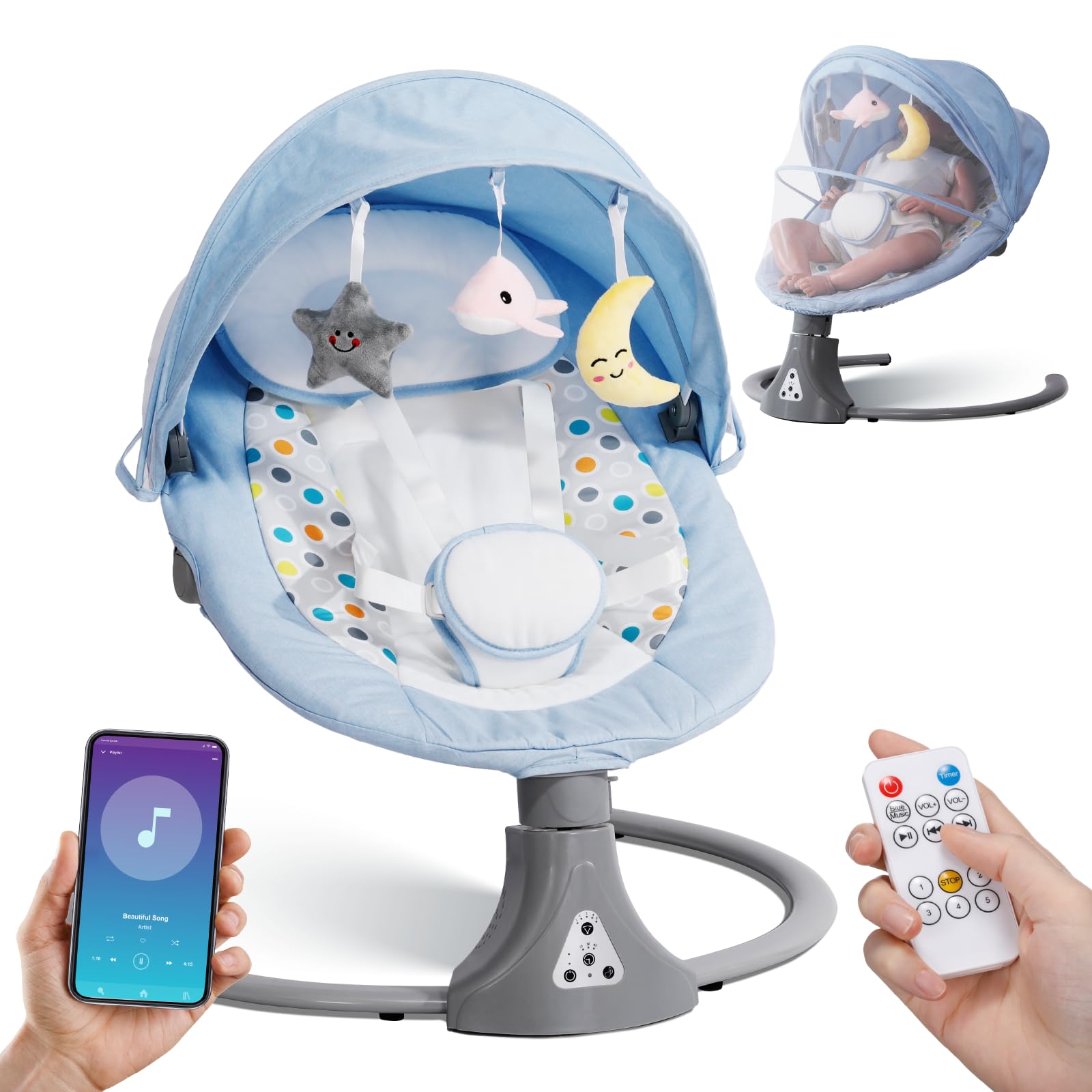 Baby Swing Chair: Baby Bouncer from Birth with Bluetooth Remote Control | Cordless 5-Speed Levels 12 Lullabies & 3 Timers | 3 Adjustable Angles & Electric Rocking Chair for Newborn | Gray