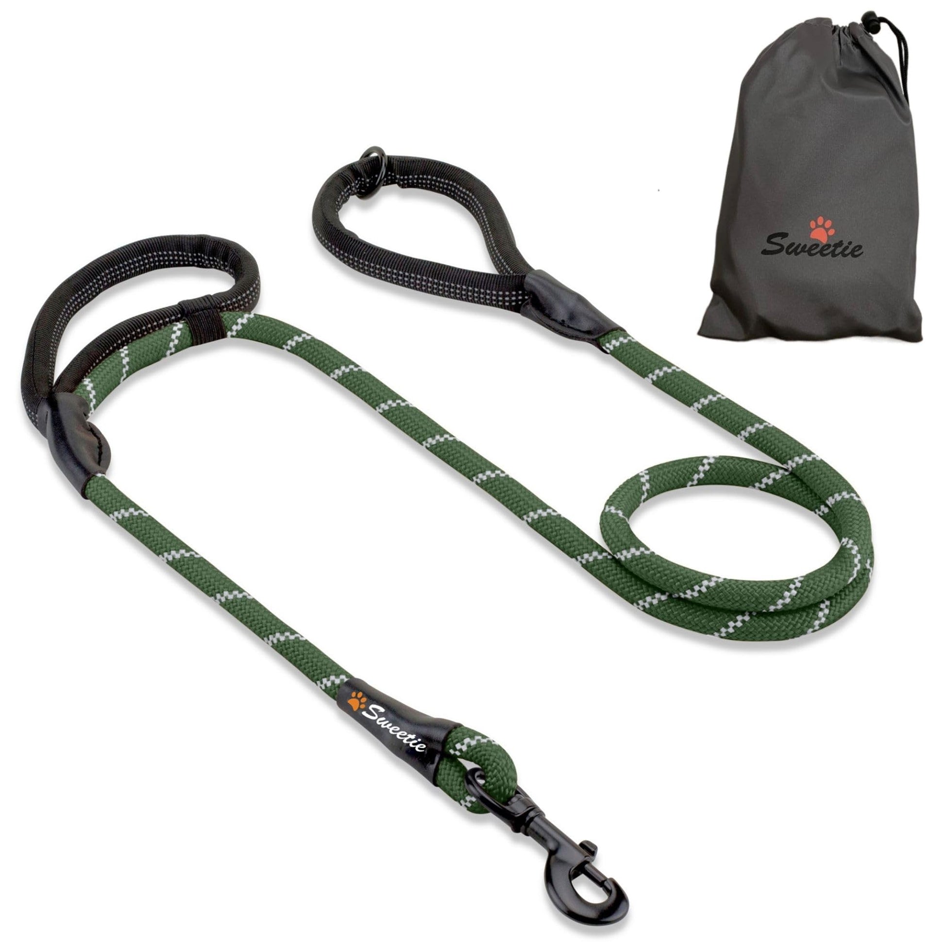 Rope Dog Lead - Innovative Design with Two Padded Handles - Reflective Stitching & O-Ring - 5 FT Long Leash for Medium & Large Sized Pets - Weather Resistant & Strong Material. Orange