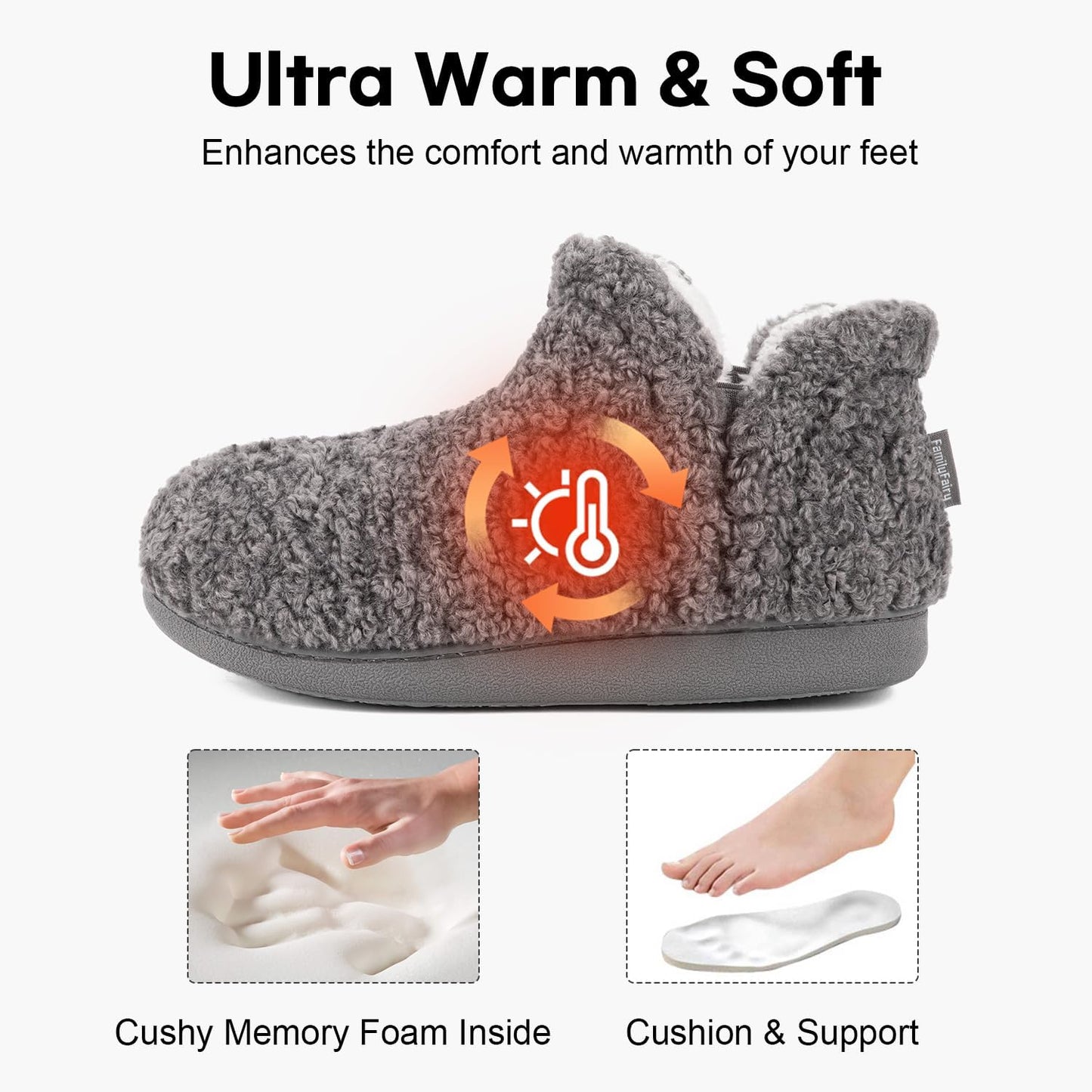 FamilyFairy Women's Memory Foam Boots Slippers Warm Shearling Bootie Soft Plush Fleece Comfy House Shoes Outdoor Indoor Rubber Sole