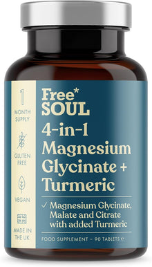 Magnesium Glycinate + Turmeric 4-in-1 Complex | Triple-Strength Magnesium Supplements with 1322mg Bisglycinate, Citrate, Malate & 2000mg Turmeric | 90 Vegan Tablets | Gluten-Free | UK Made | Free Soul