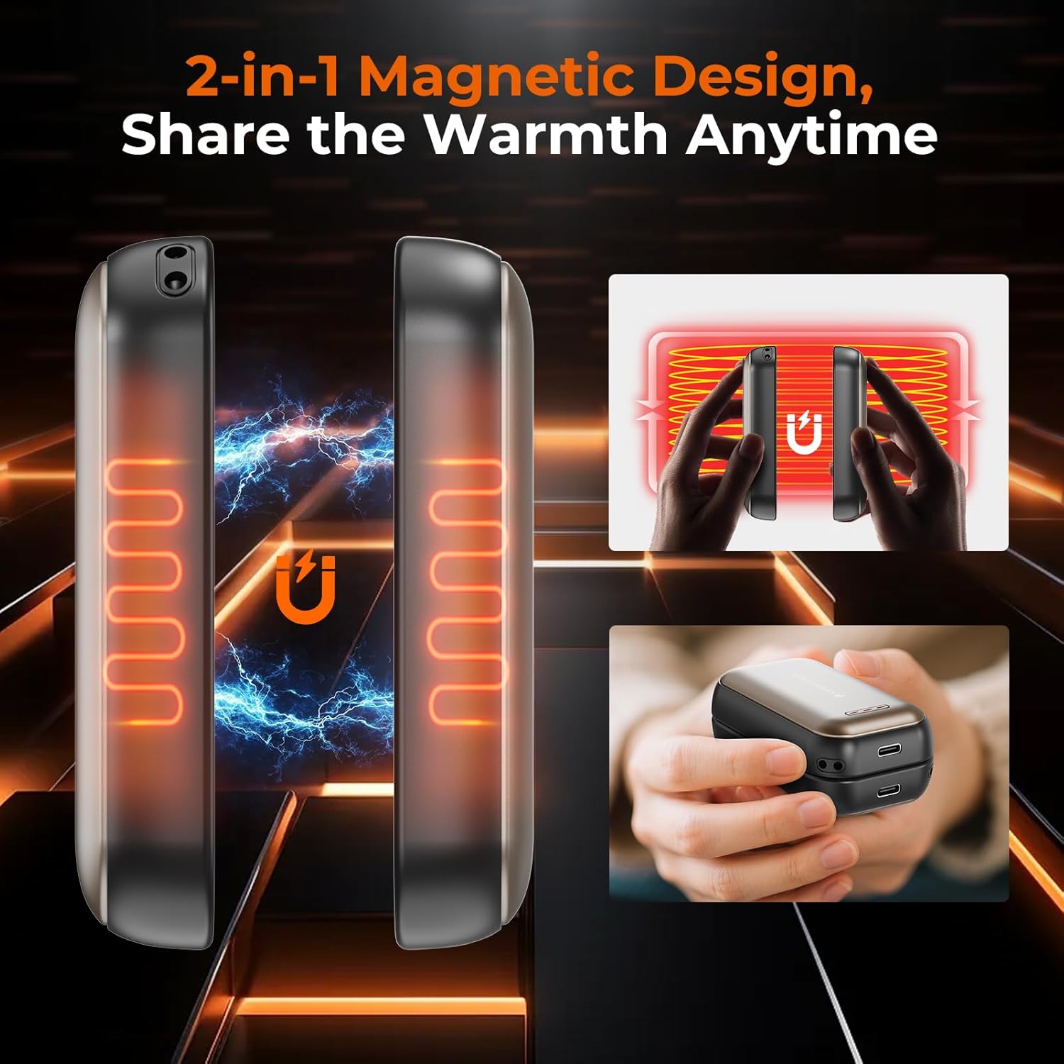 Hand Warmers Rechargeable 2 Pack - 6000mAh Magnetic Electric Hand Warmer with 3 Heat Up to 55°C, USB-C Charging, Pocket Heater for Outdoor, Camping, Raynauds, Winter Gifts for Women Men