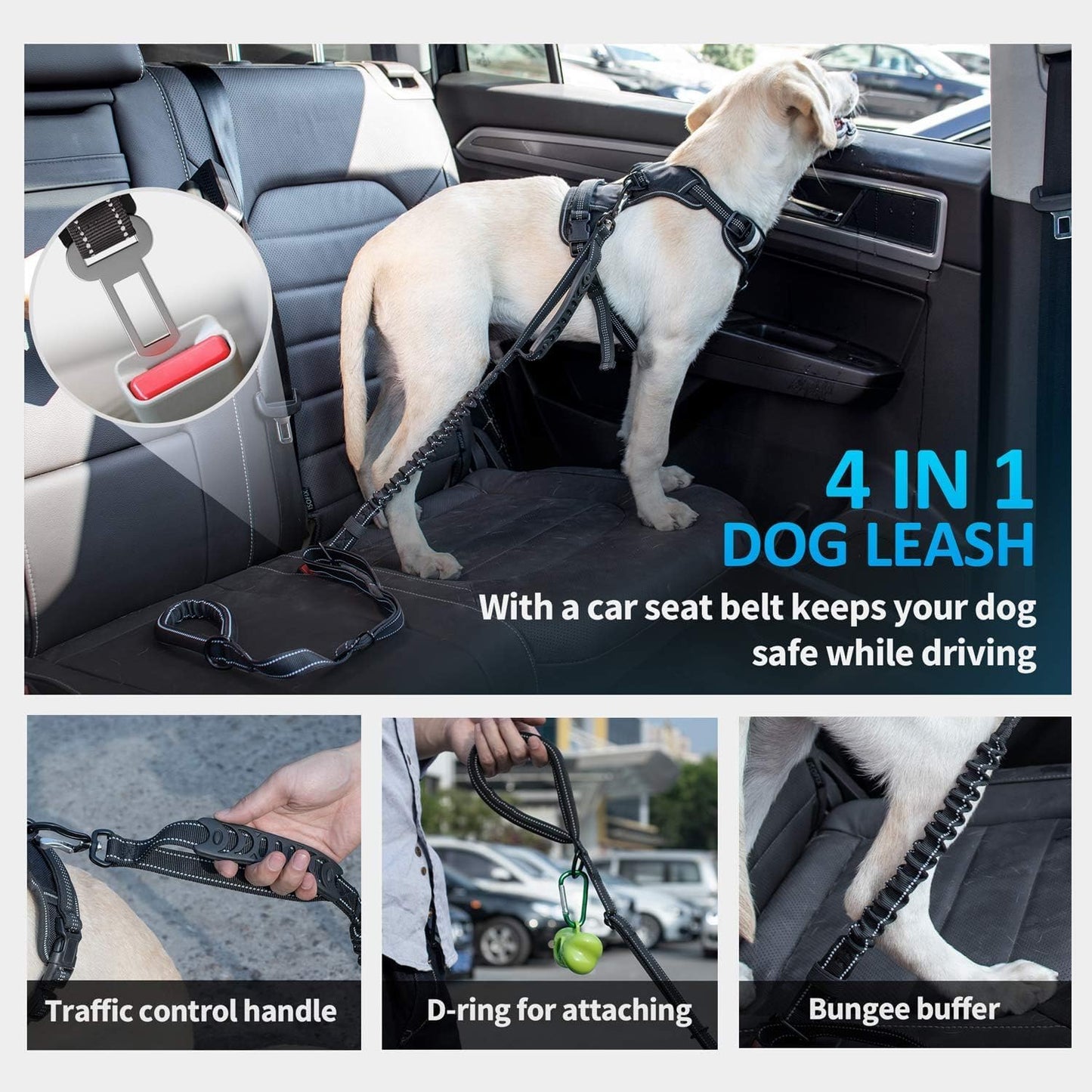 IOKHEIRA Bungee Dog Leash, Anti Pull Dog Leads with Car Seat Belt Buckle, Reflective Thread Dog Leads with Traffic Control Handle, Adjustable Dog Leash for Small Medium Large Dogs