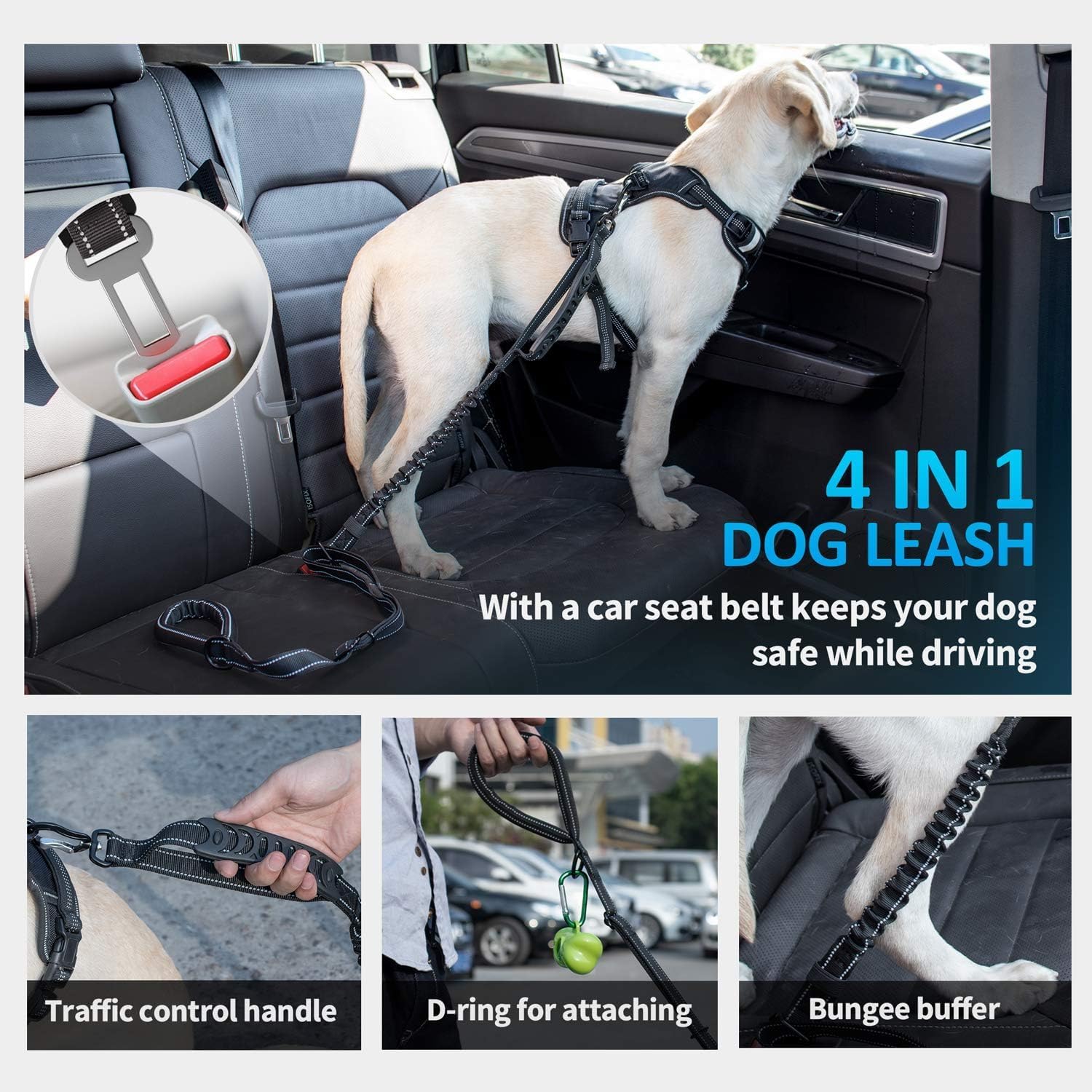 IOKHEIRA Bungee Dog Leash, Anti Pull Dog Leads with Car Seat Belt Buckle, Reflective Thread Dog Leads with Traffic Control Handle, Adjustable Dog Leash for Small Medium Large Dogs