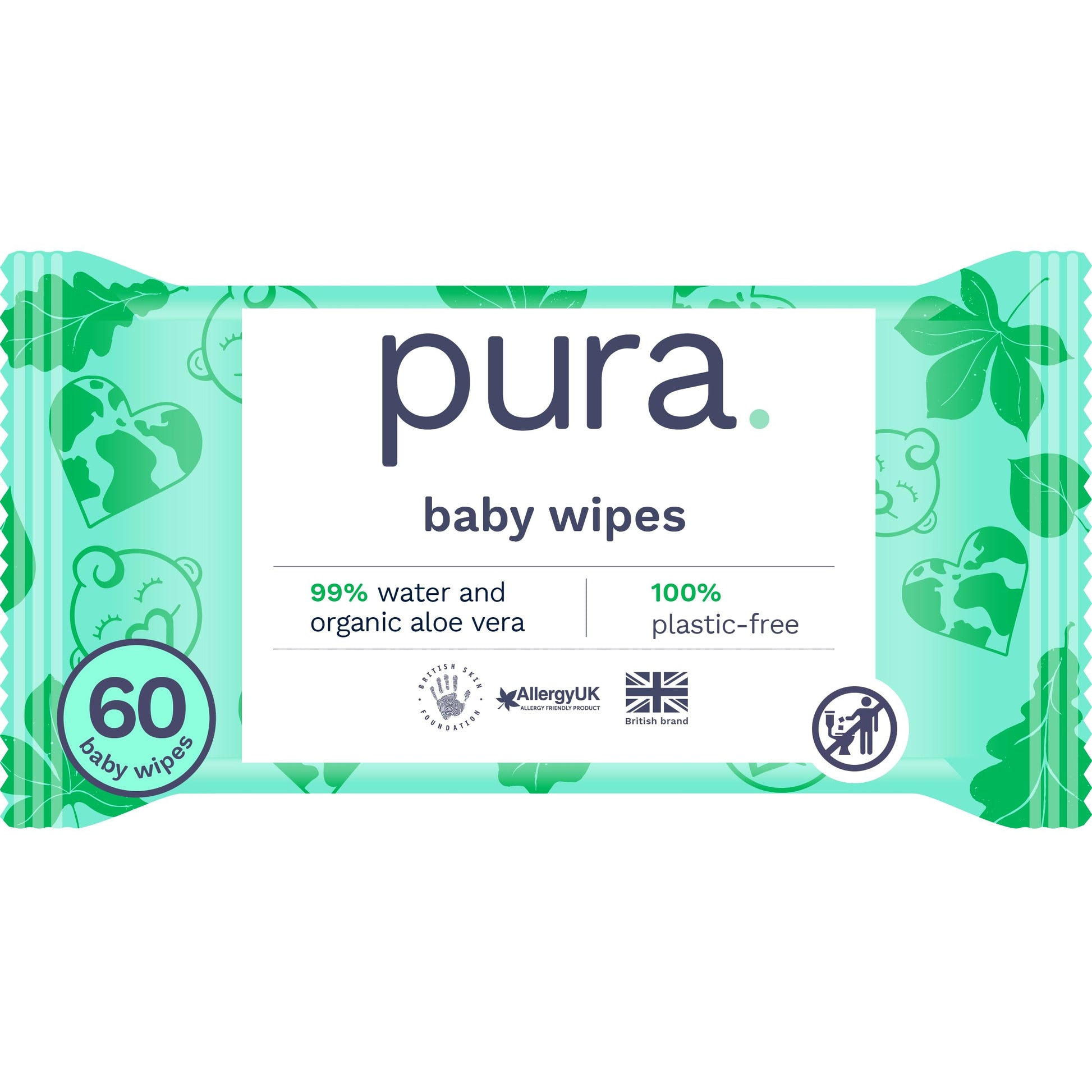 Pura Eco Flushable Baby Wipes - 1 Pack (60 Wipes) 100% Plastic Free, 99% Water, Suitable for Sensitive, Eczema Prone Skin, Newborn Baby & Toddlers, Biodegradable, Vegan, Potty Training