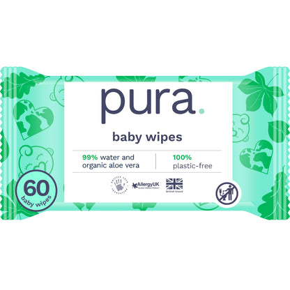 Pura Eco Flushable Baby Wipes - 1 Pack (60 Wipes) 100% Plastic Free, 99% Water, Suitable for Sensitive, Eczema Prone Skin, Newborn Baby & Toddlers, Biodegradable, Vegan, Potty Training