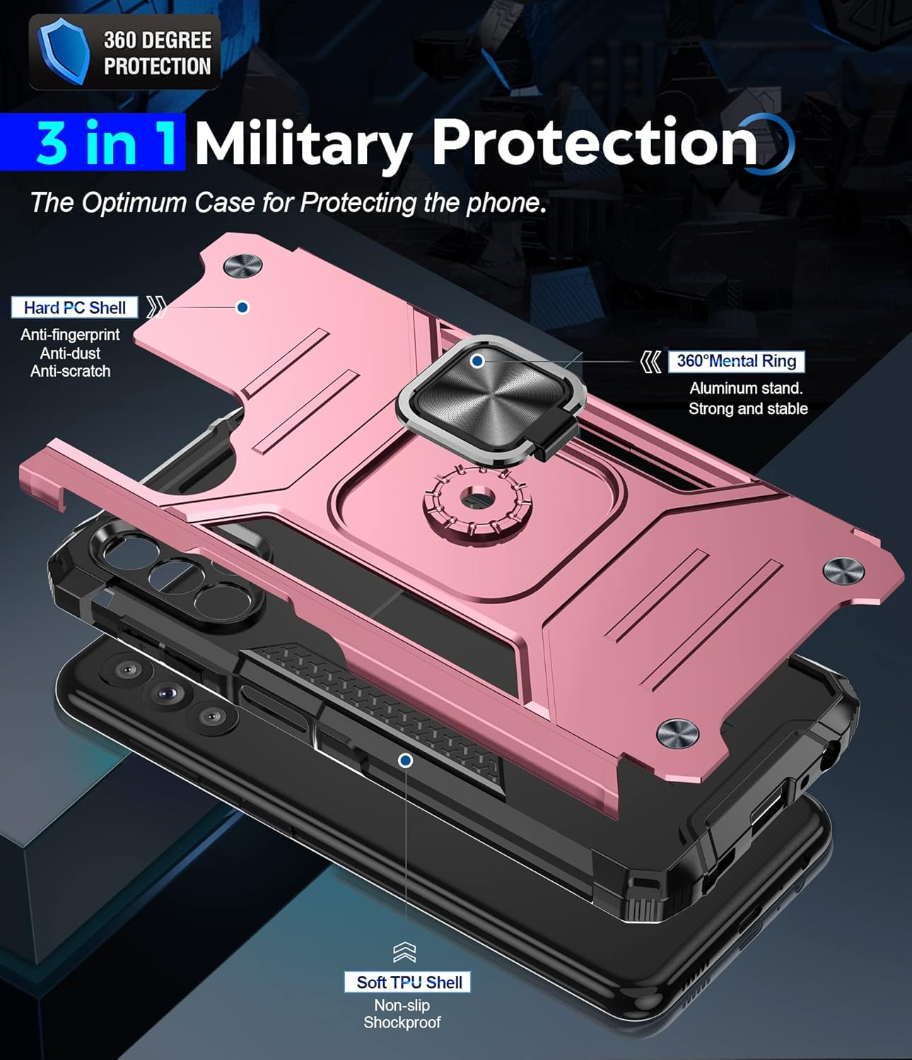LeYi for Samsung Galaxy A13 4G Phone Case and 2 Tempered Glass Screen Protector + 2 Camera Lens Protector, Ring Holder Shockproof Military Grade Protective Mobile Phone Cover for Samsung A13 Rose Gold