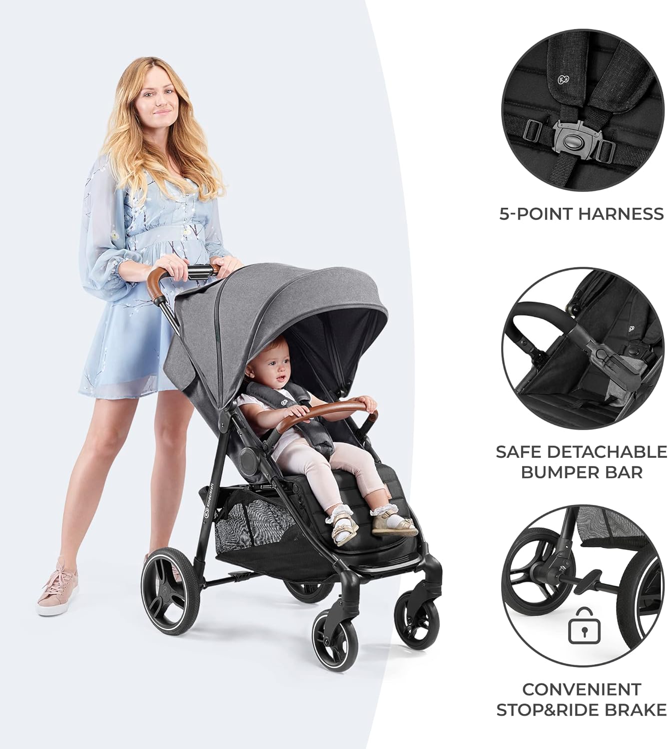 Kinderkraft GRANDE PLUS Stroller pushchair for toddlers from Birth to 22 kg, Extra-large hood, Lie-flat position, Folding with one hand, Shock absorption on all wheels, Black