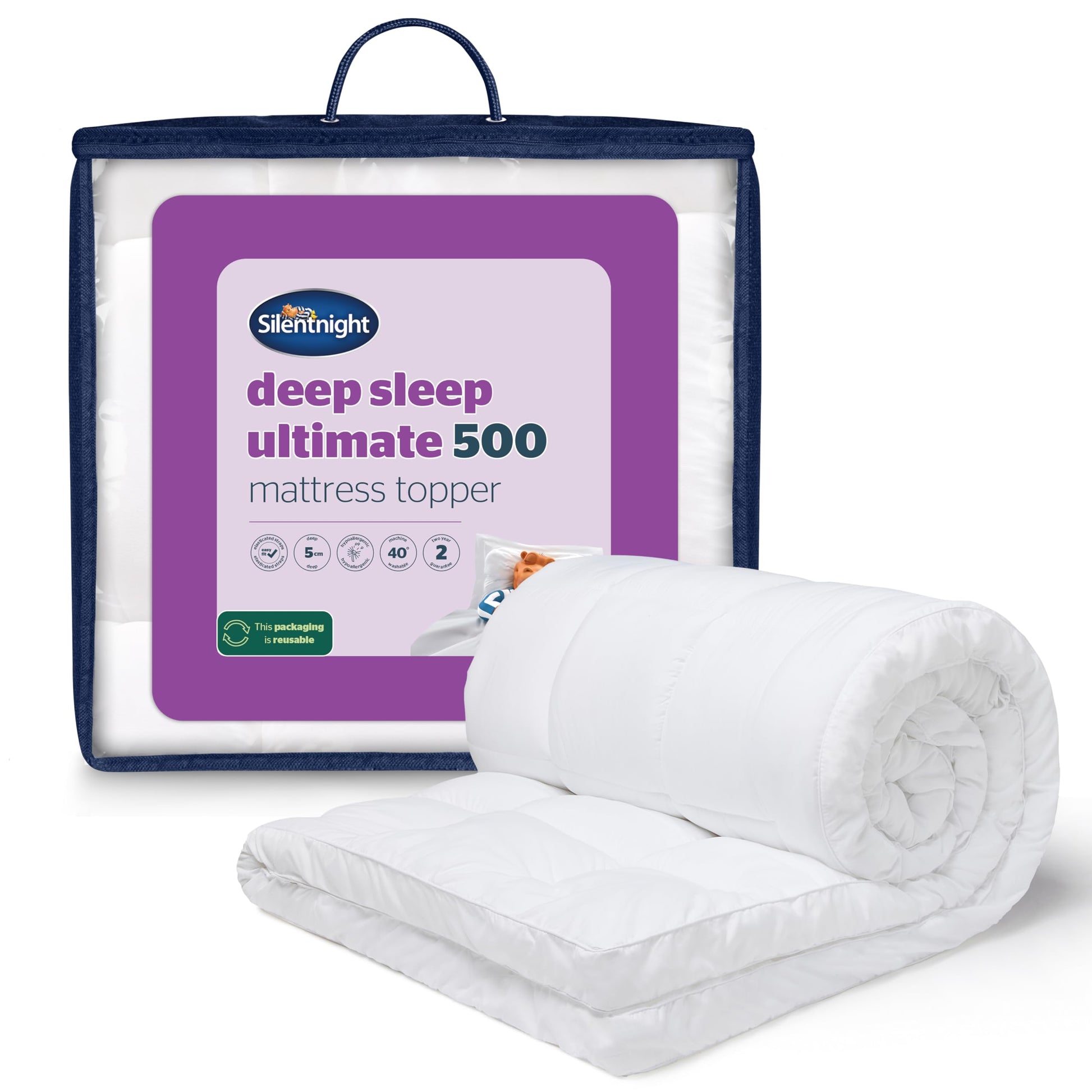 Silentnight Deep Sleep Mattress Topper Double Bed - Soft Supportive Comfortable Durable Bed Topper with Easy Fit Elasticated Straps - Hypoallergenic and Machine Washable - Double - 190x135cm