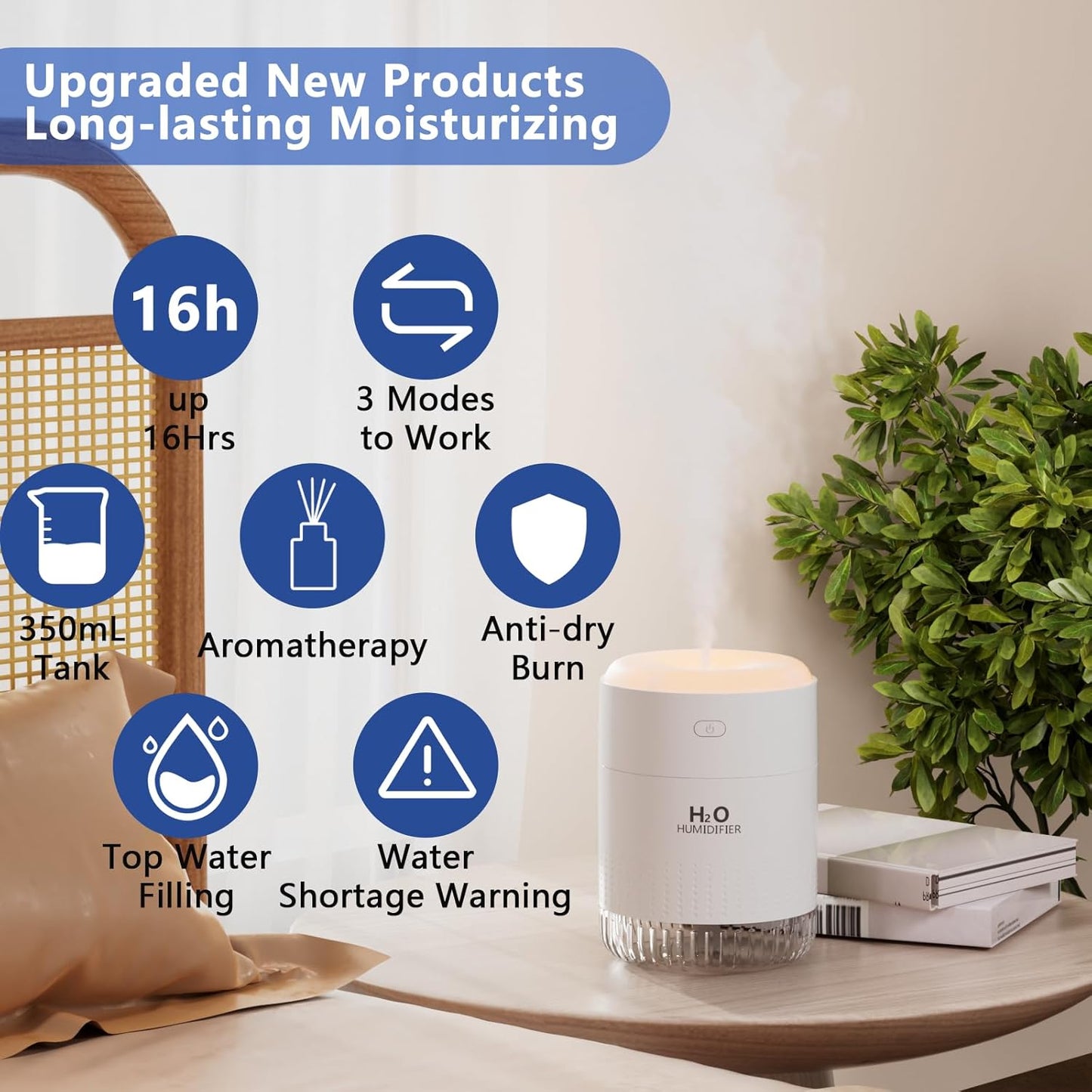 SZO Upgraded 500ML Humidifier for Bedroom with Night Light, Portable Humidifiers for Home and Plants, Humidifiers for Baby, Quiet Operation, Auto-Off, for Baby Room, Home, Office and Plants