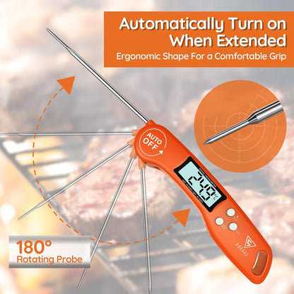 DOQAUS Food Thermometer, Instant Read Meat Thermometers, Digital Cooking Thermometer, Backlight LCD Screen Foldable Long Probe, Auto On/Off, Perfect for Kitchen Cooking, BBQ, Water,Meat, Milk(Orange)